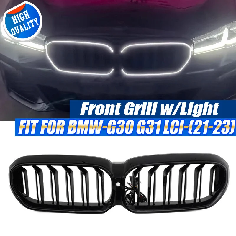 For 2021-2023 BMW 5Series G30 G31 LCI Front Bumper Kidney LED Light Grille Grill Gloss Black - Image 2