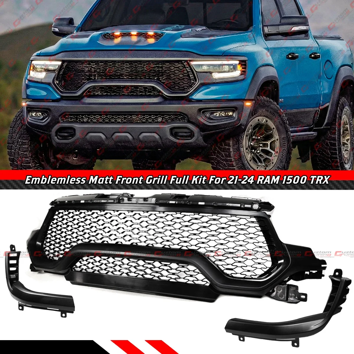 For 2021-2024 RAM 1500 TRX Emblemless Matte Black Front Upper Grille w/ LED DRL Light Bar