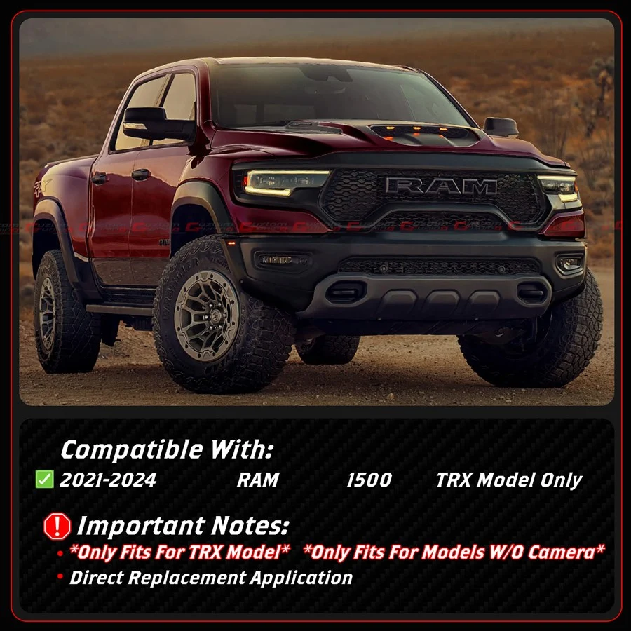 For 2021-2024 RAM 1500 TRX Emblemless Matte Black Front Upper Grille w/ LED DRL Light Bar - Image 3