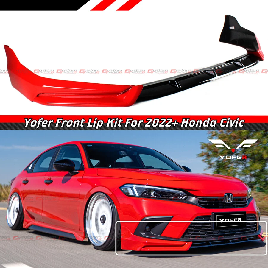 For 2022-2024 Honda Civic 11th Gen Yofer Red Black Front Bumper Lip Splitter Kit - Image 2