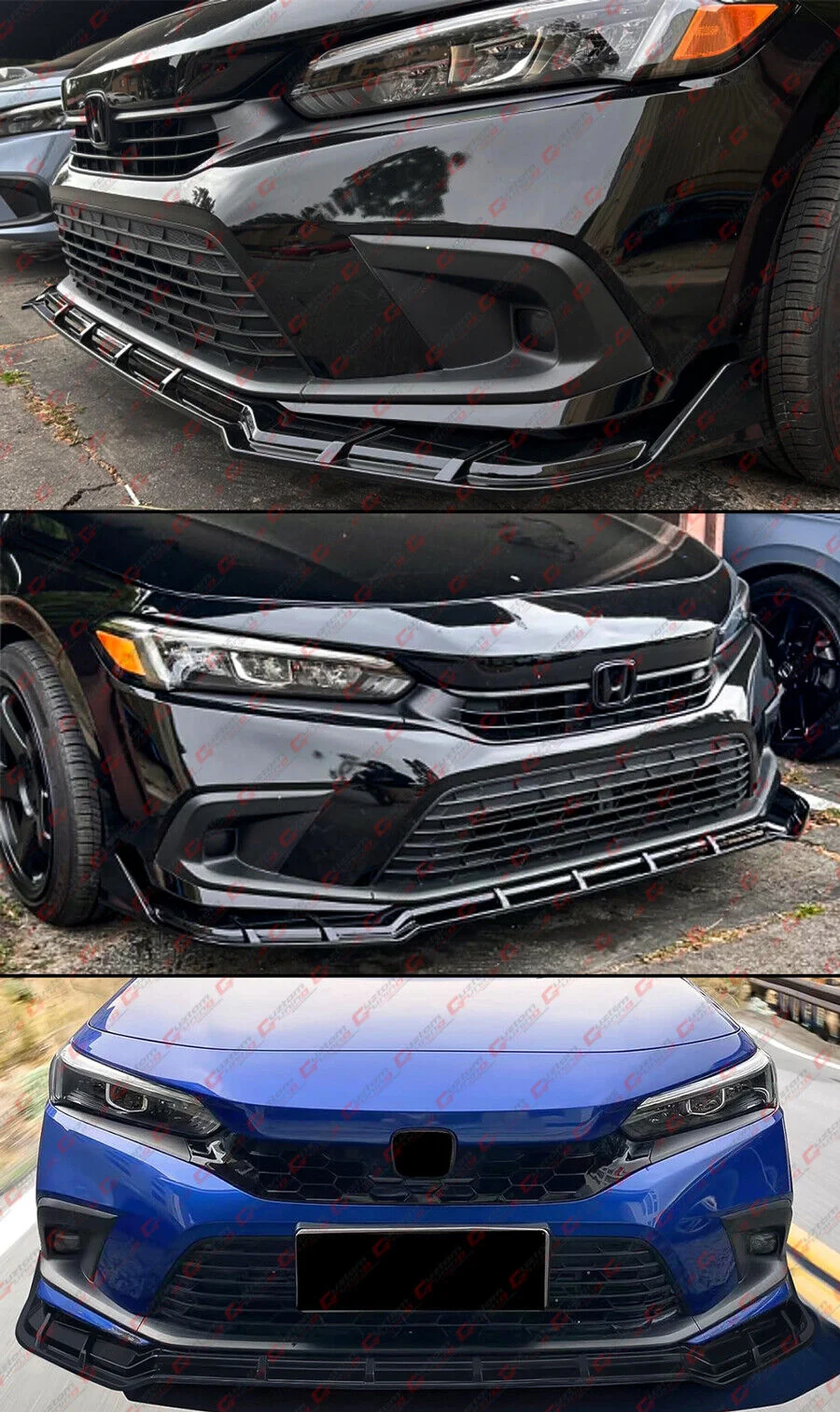For 2022-2024 Honda Civic Aero-Tunnel Style Gloss Black Front Bumper Lip Splitter - Image 5