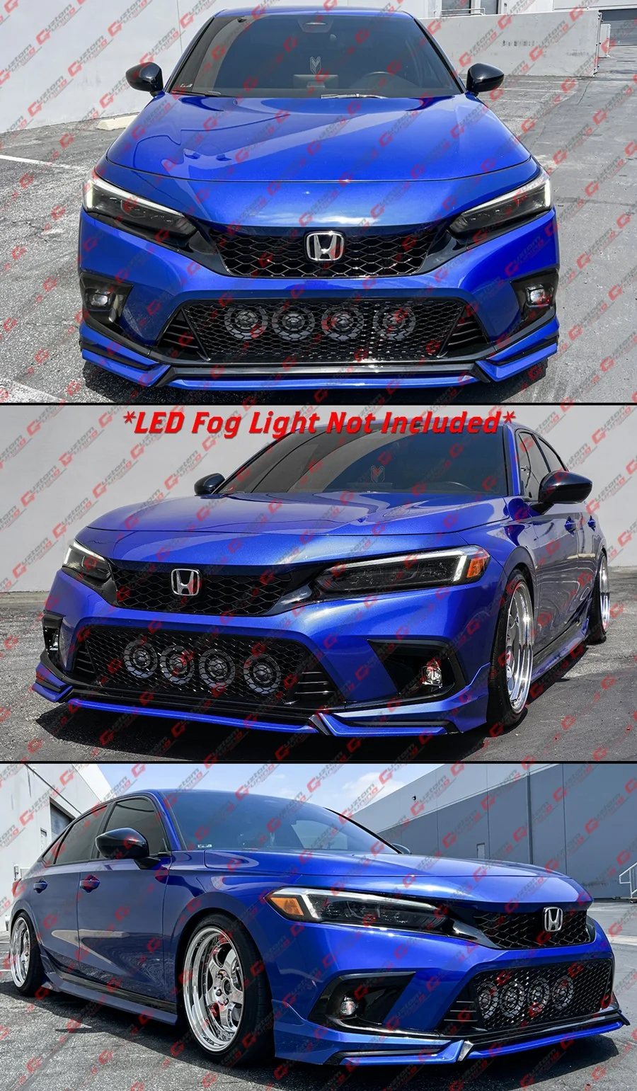 For 2022-2024 Honda Civic Gloss Black Front Lower Grill + Fog Light Bezel Cover Replacement - Image 7