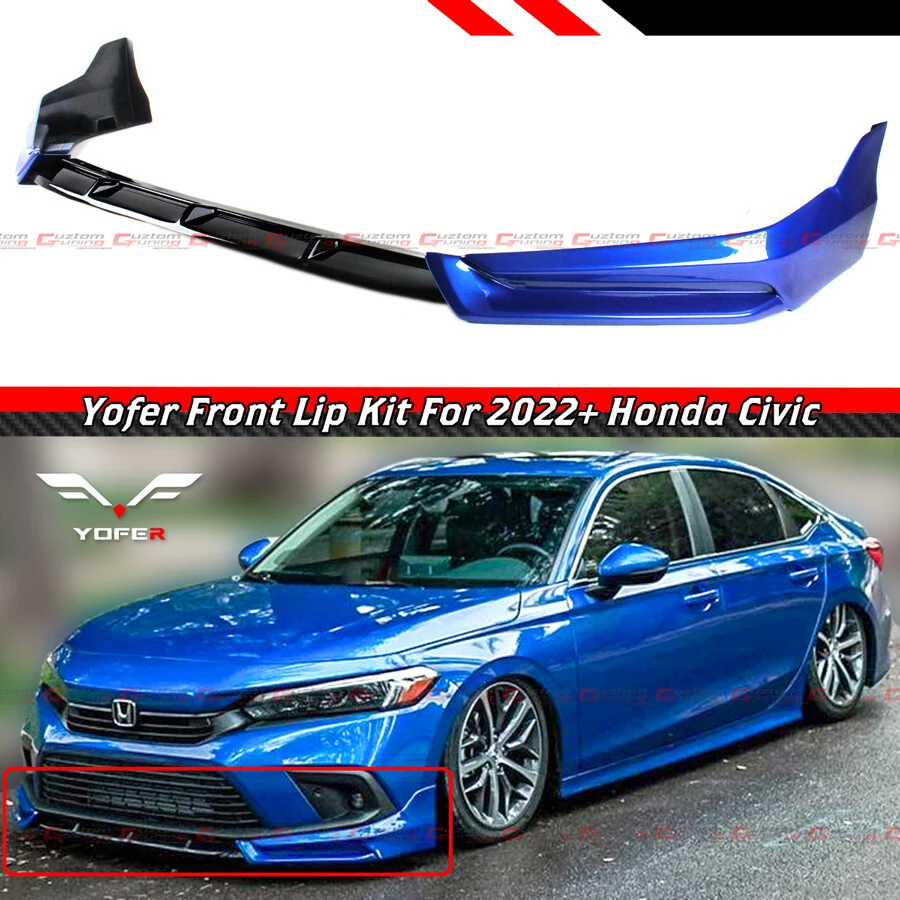 For 2022-2024 Honda Civic Yofer Painted Blue Black Front Bumper Lip Splitter Kit - Image 2