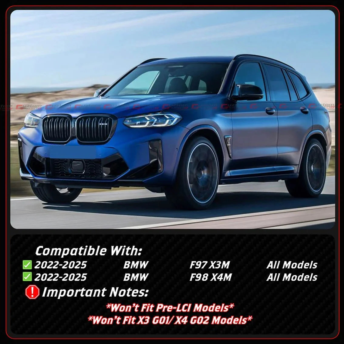 For 2022-2025 BMW X3M X4M Carbon Fiber Front Lower Grill + Side Air Duct Trim Covers - Image 2