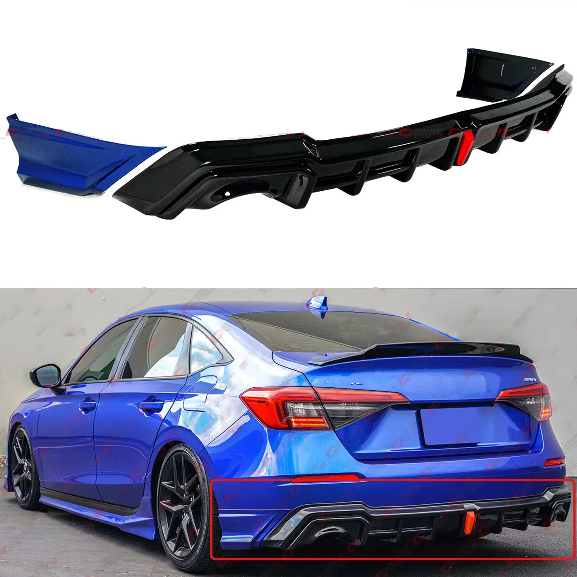 For 2022-2026 Honda Civic Sedan Aegena Blue LED Rear Diffuser + Corner Sparts Splitter