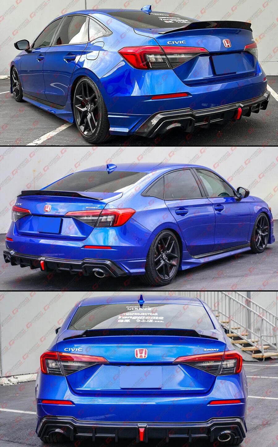 For 2022-2026 Honda Civic Sedan Aegena Blue LED Rear Diffuser + Corner Sparts Splitter - Image 5