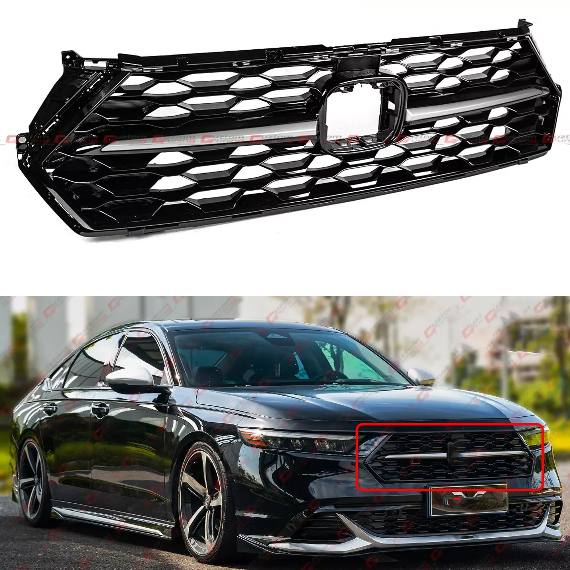 For 2023-2026 Honda Accord Gloss Black Front Bumper Mesh Grille w/ Silver Trim