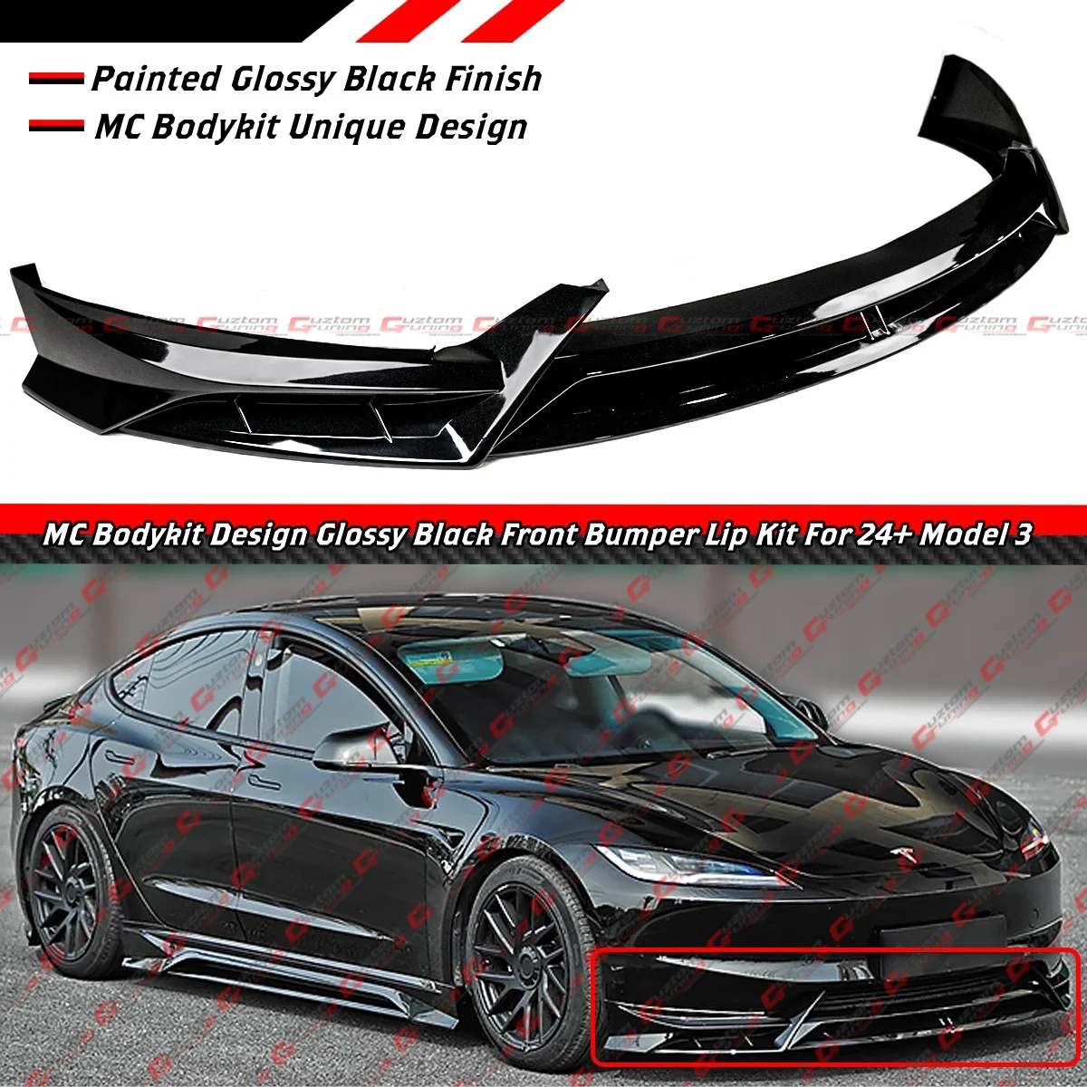 For 2024-2025 Tesla Model 3 Highland MC Design Gloss Black Front Bumper Lip Splitter