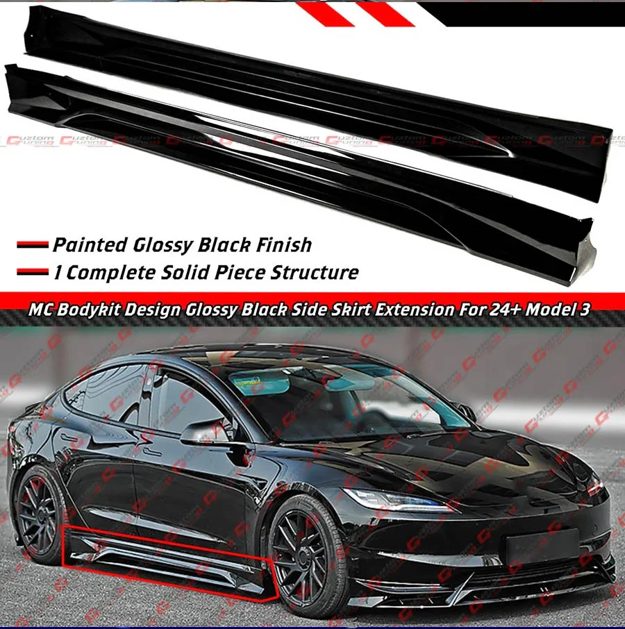 For 2024-2025 Tesla Model 3 Highland MC Design Gloss Black Side Skirt Extension - Image 2