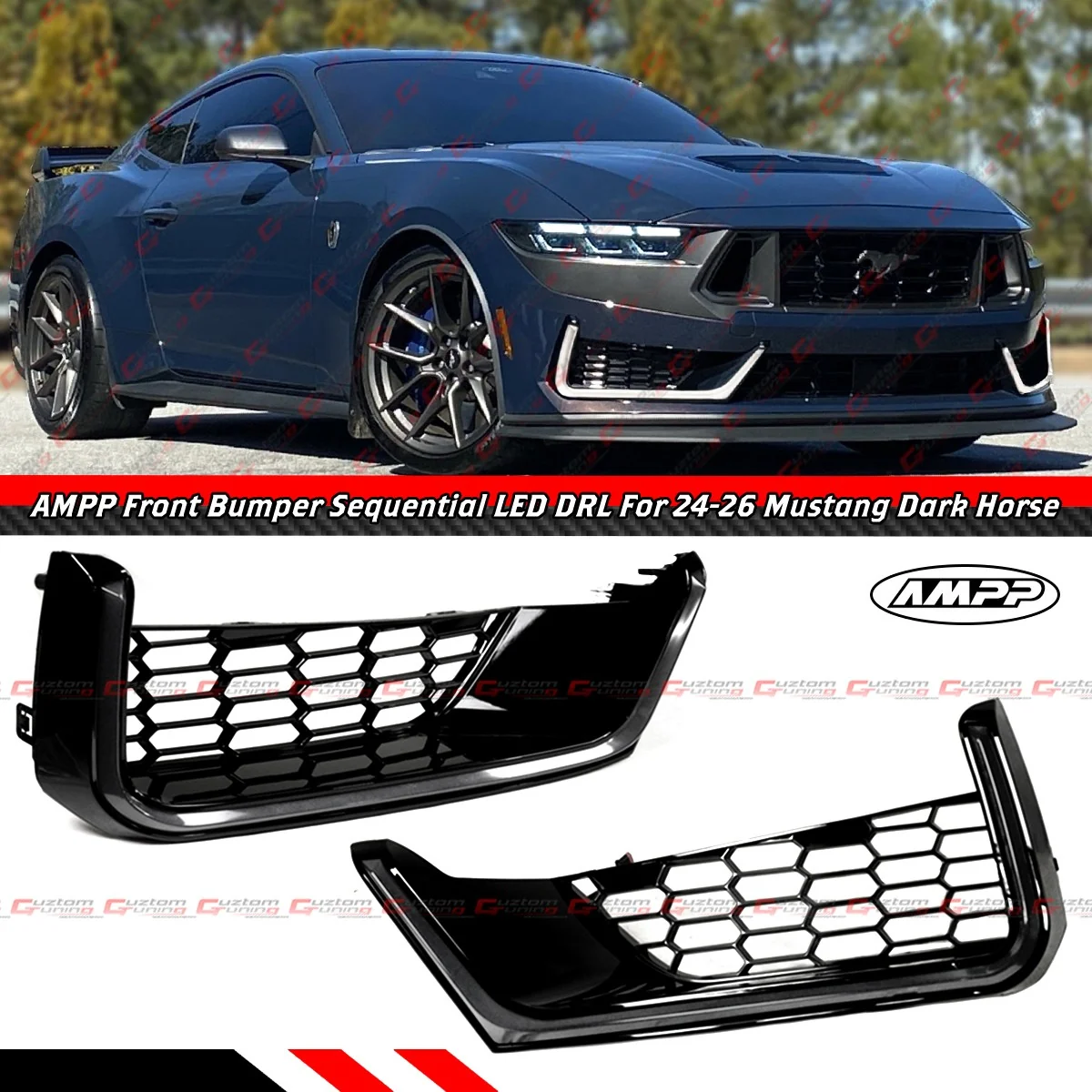 For 2024-2026 Mustang Dark Horse Coupe Gloss Black Front Bumper Sequential LED DRL Fog Light Cover - Image 2