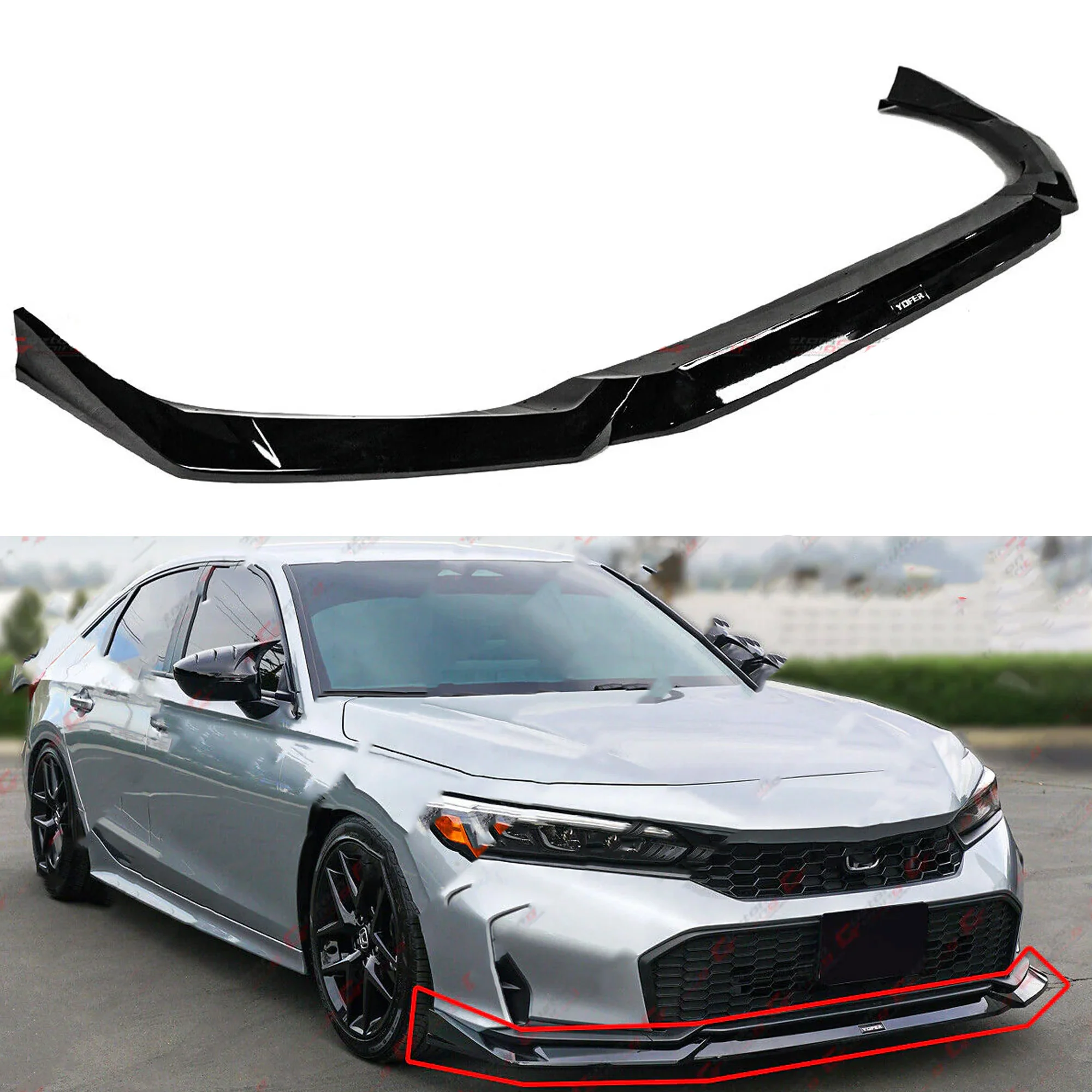 For 2025-2026 Honda Civic 11.5th Gen Yofer Glossy Black Front Bumper Lip Splitter