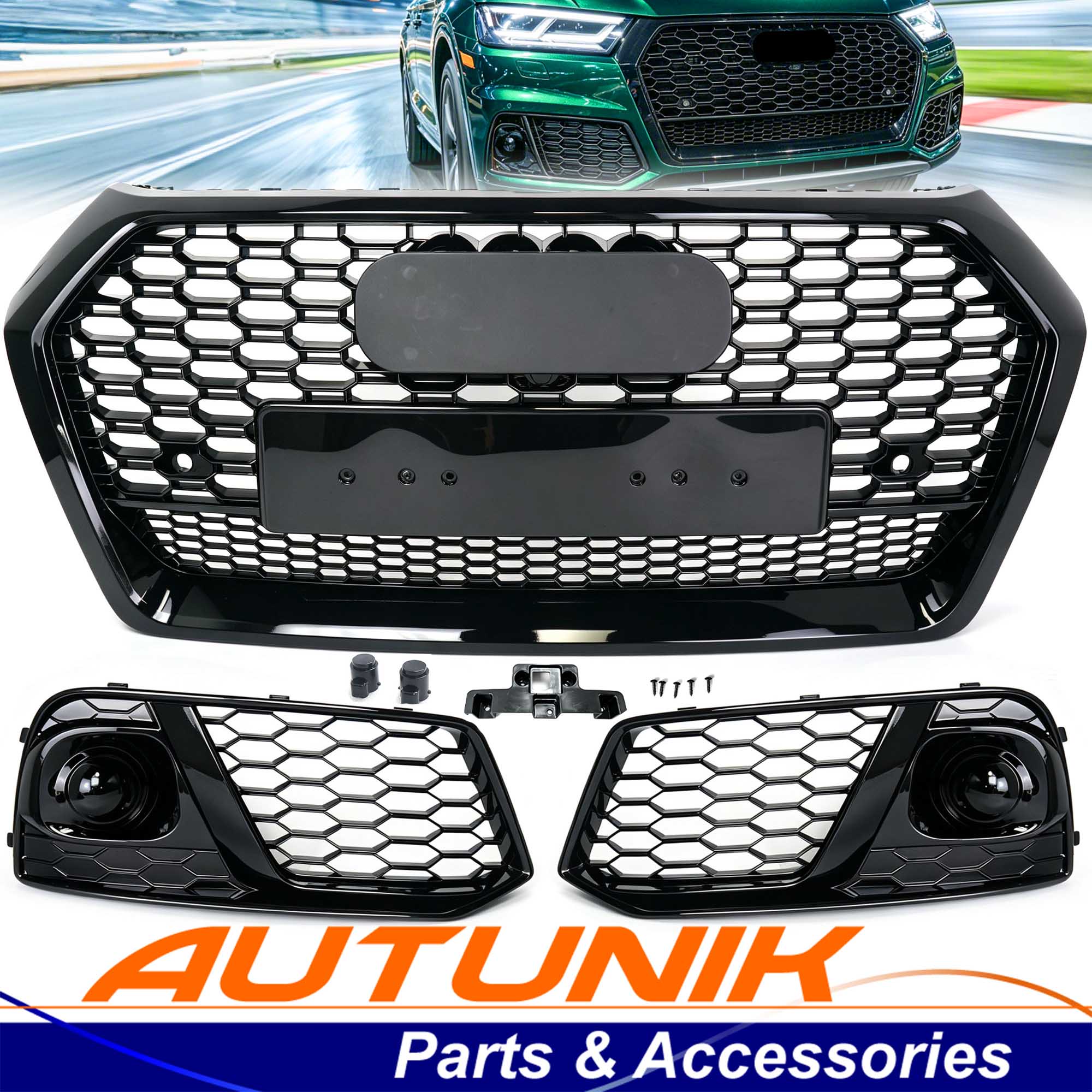 For Audi Q5 Non S-line 2018-2020 Gloss Black Front Honeycomb Mesh Grill+Fog Lamp Cover Bezels