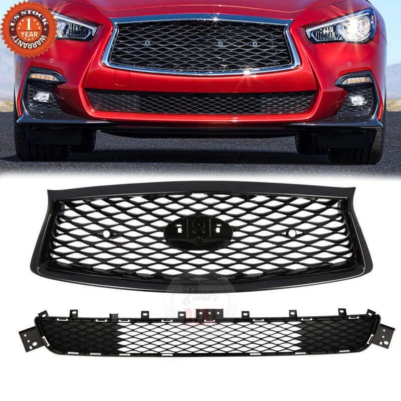 Gloss Black Front Upper Grille & Lower Grille For Infiniti Q50 Sport 2018-2024 - Image 2