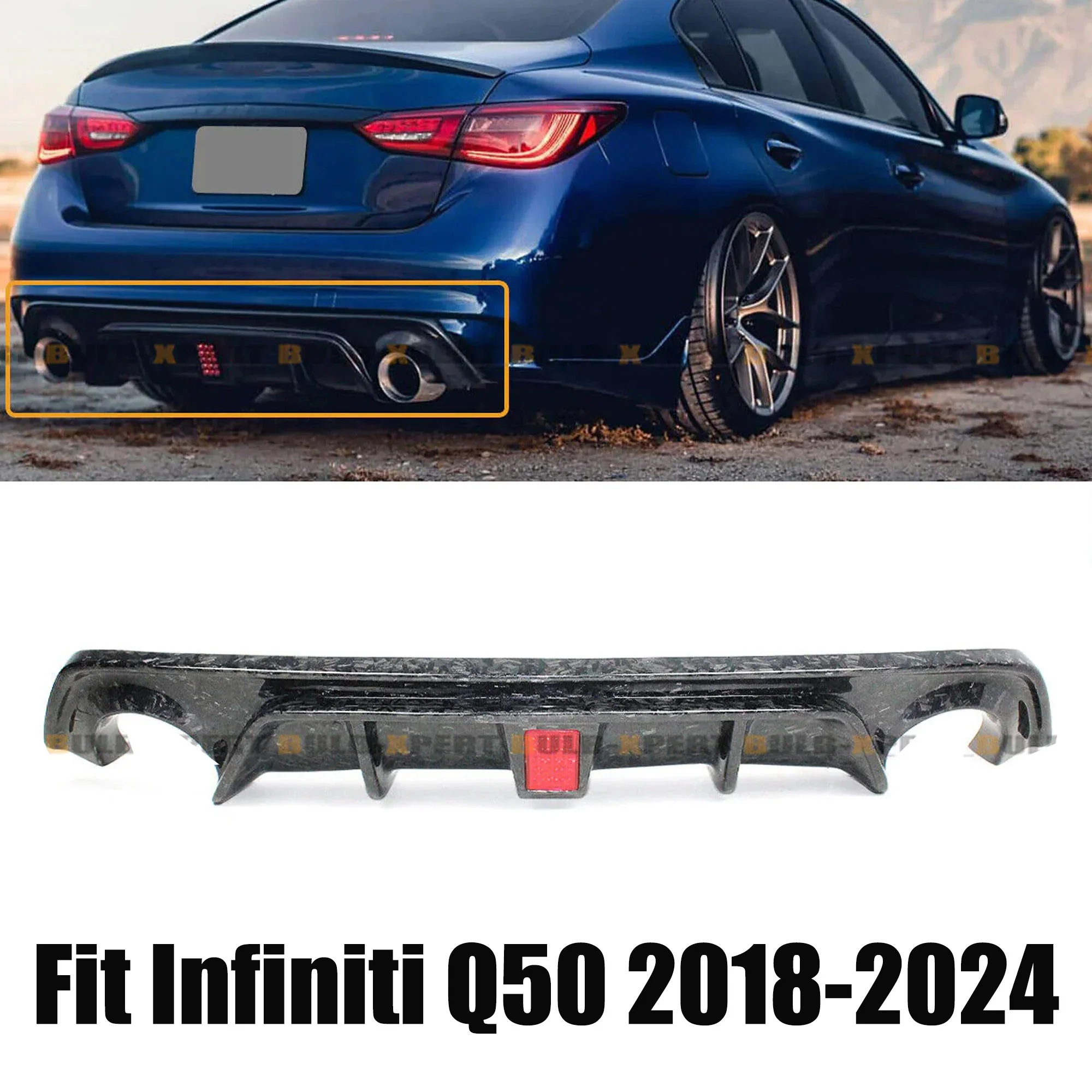 Forged Carbon Fiber Rear Diffuser w/ LED Light for Infiniti Q50 2018 2019 2020 2021 2022 2023 2024 - Image 2
