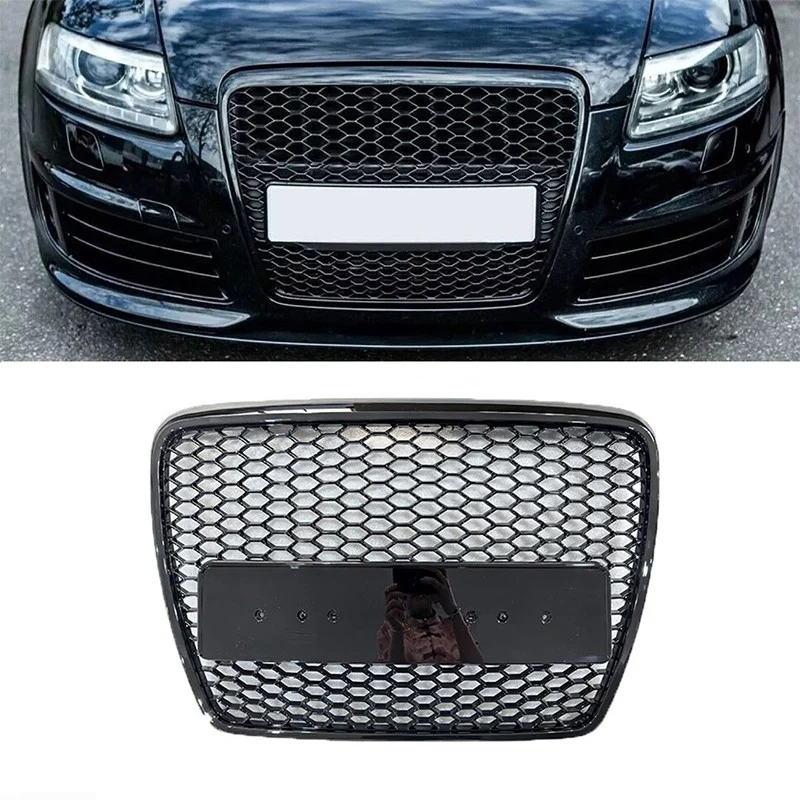 Front Bumper Center Grille Honeycomb Grill Gloss Black For Audi A6 C6 2004-2008