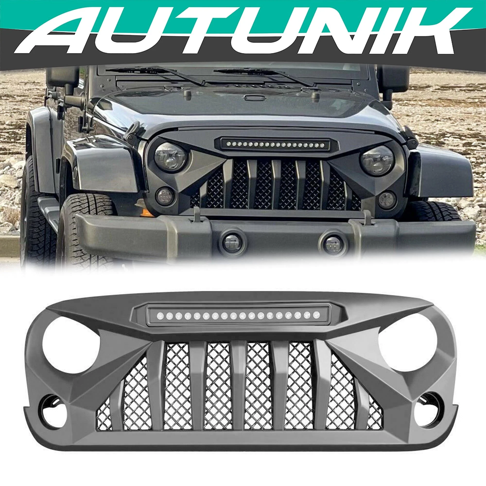 Front Bumper Grille Grill With LED Off-Road Lights for Jeep Wrangler JK JKU 2007-2018