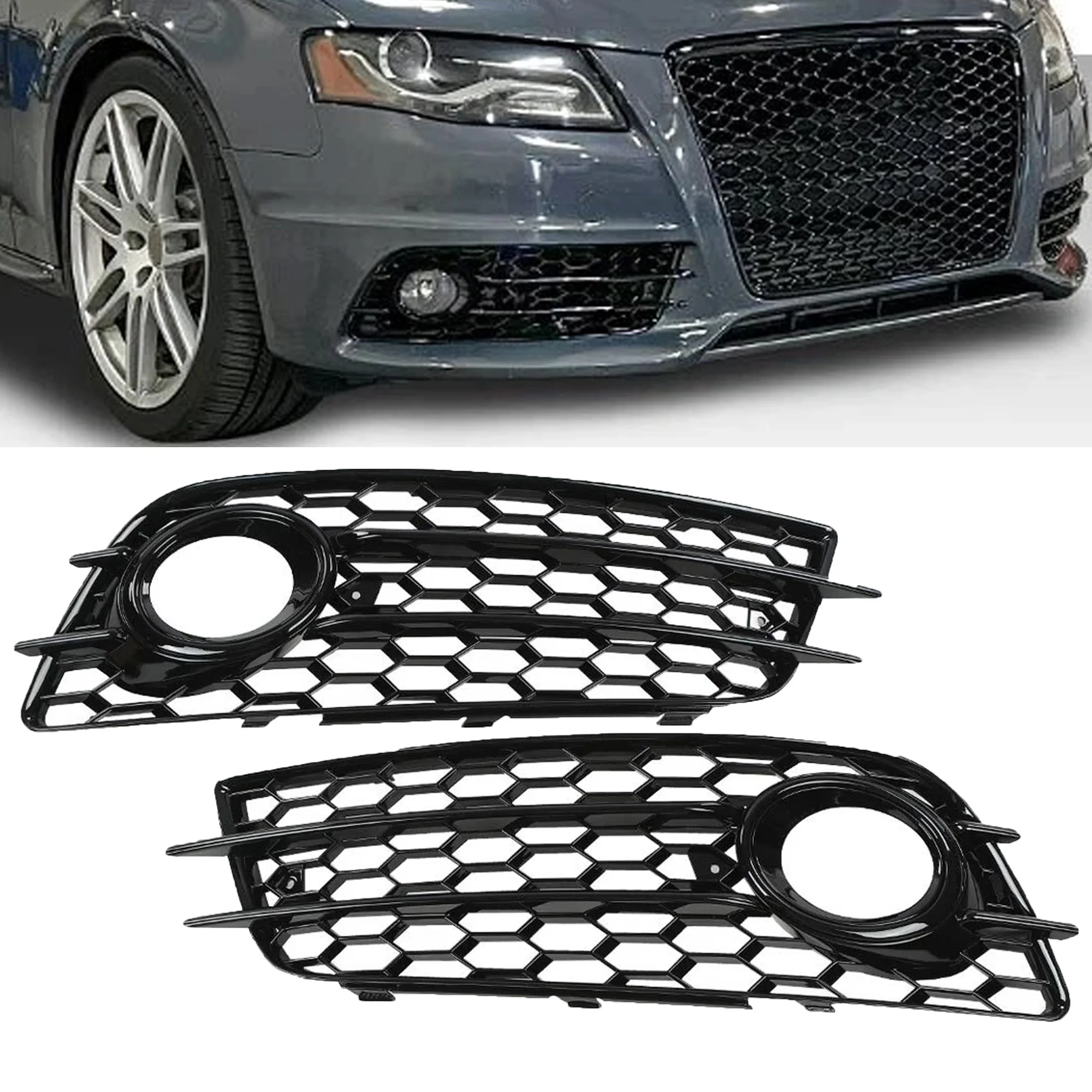 Pair L+R Fit For Audi A4 B8 S-Line S4 Bumper 2009-2012 HONEYCOMB Fog Light Lamp Cover Grille