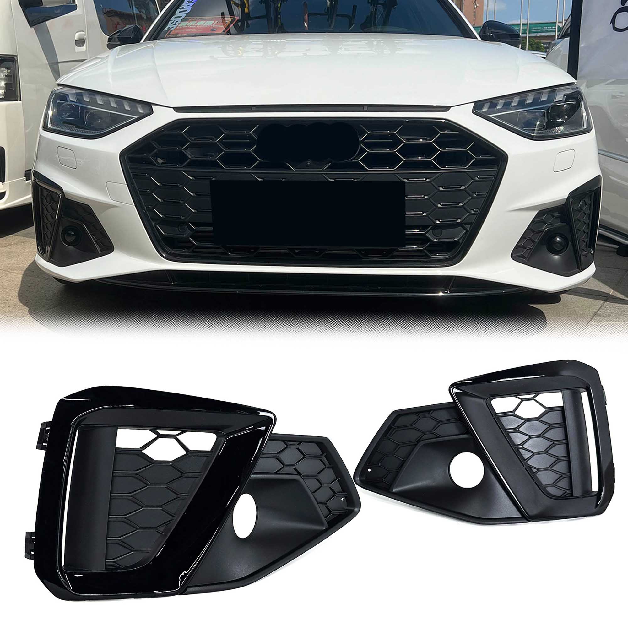 Pair L+R For AUDI A4 B9 Sline S4 2020-2025 Black Front Fog Light Grill Cover Bezels