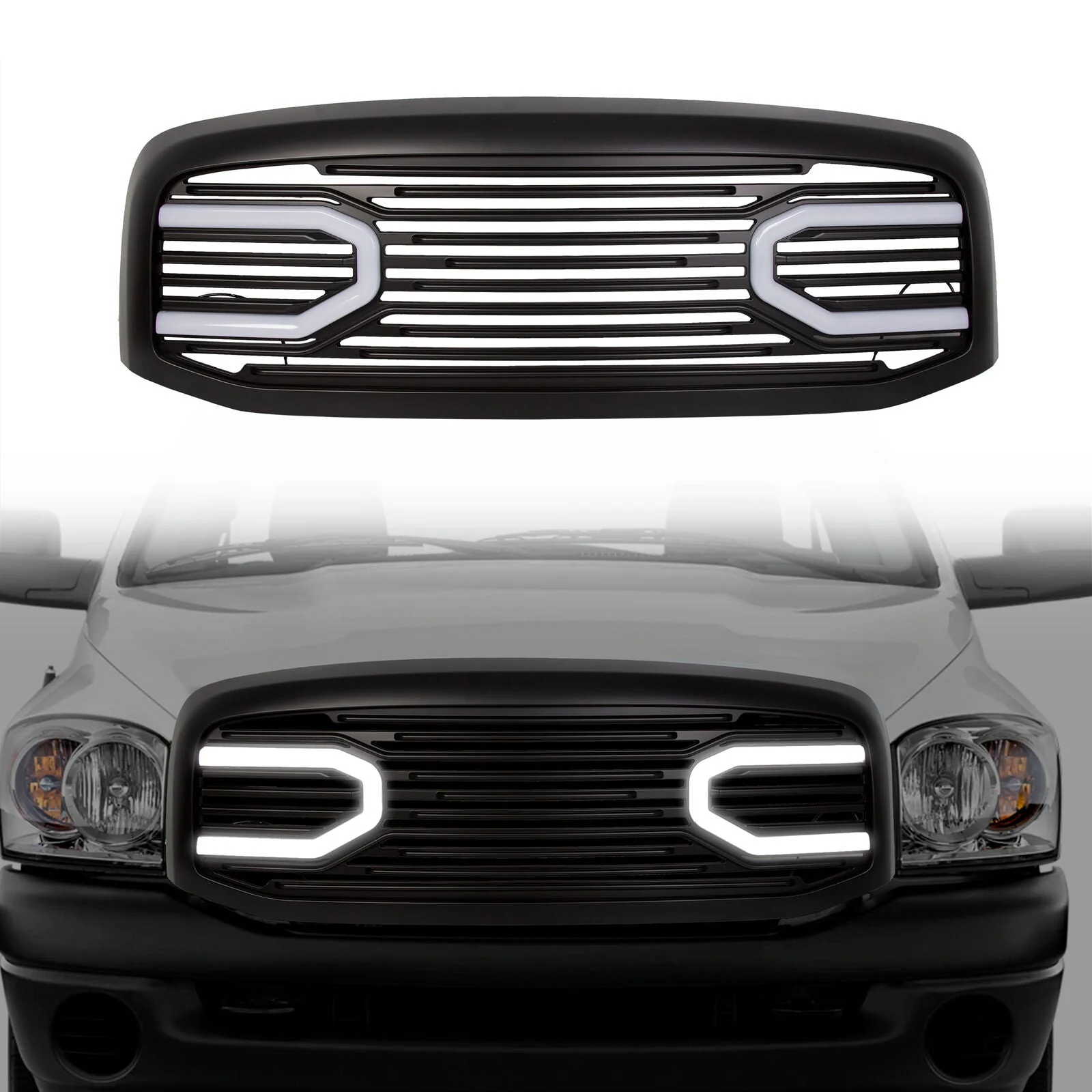 Black Front Hood Grill Bumper Grille Shell w/ LED Light for Dodge Ram 1500 2500 3500 2006-2009 - Image 2