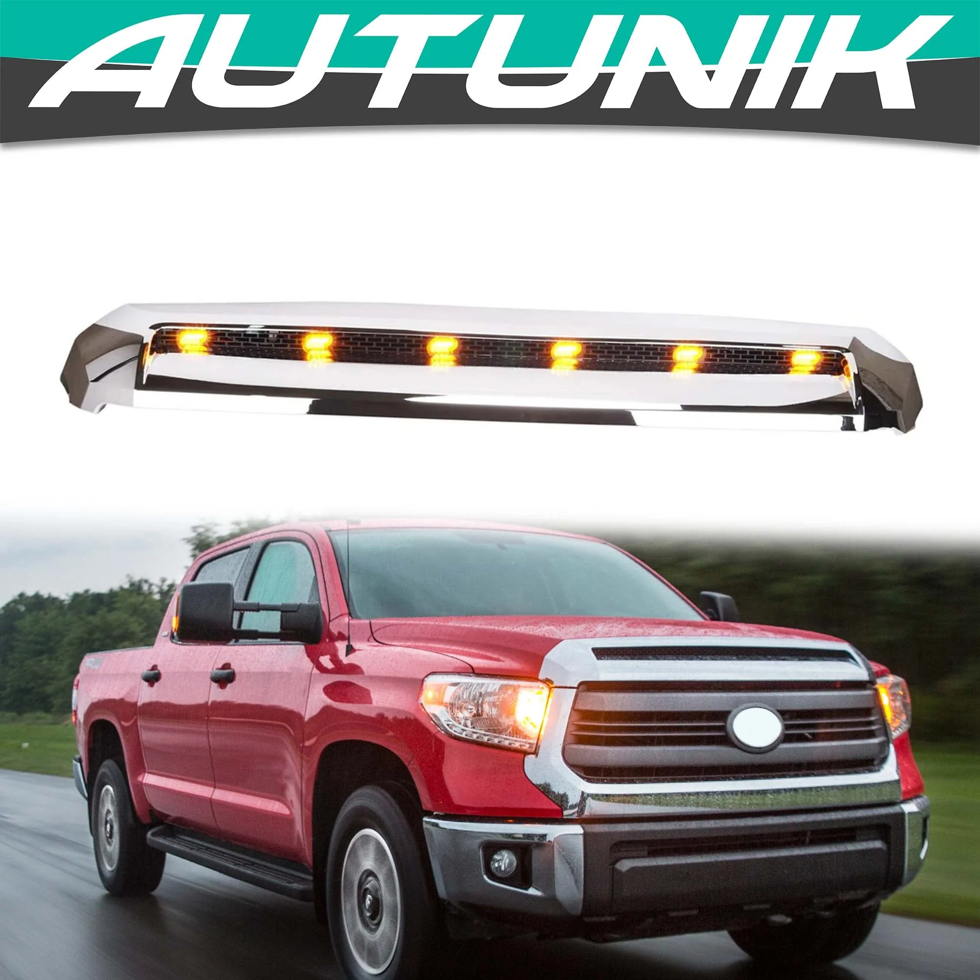 Front Upper Grille Hood Scoop Fits Toyota Tundra 2014-2021 Chrome w/ LED Light - Image 2