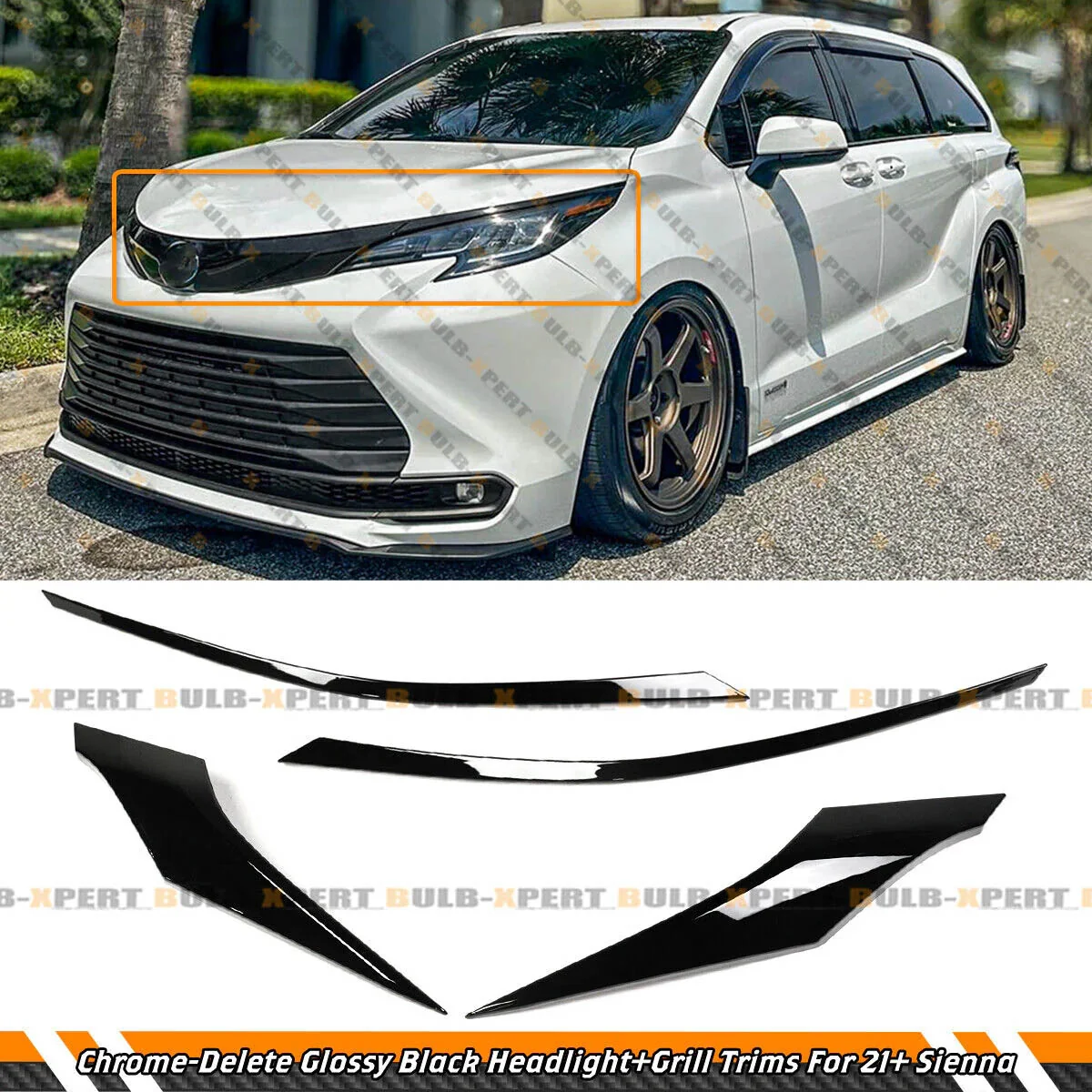 Gloss Black Chrome Delete Front Bumper Grille & Headlight Garnish Trims For 2021-2026 Toyota Sienna