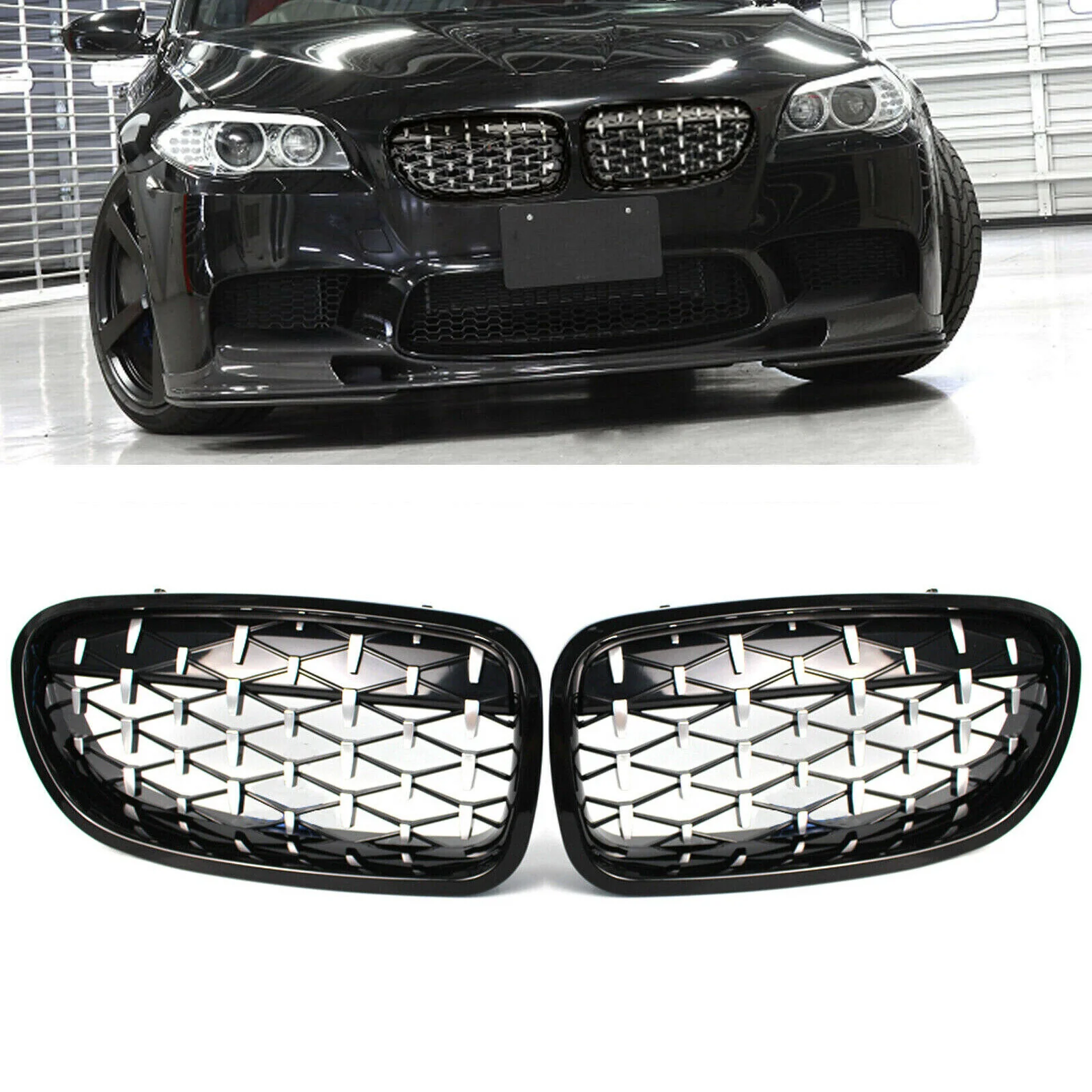 Diamond With Chrome Inner Front Kidney Grille For F10/F11 BMW 5 Series 2010-2016