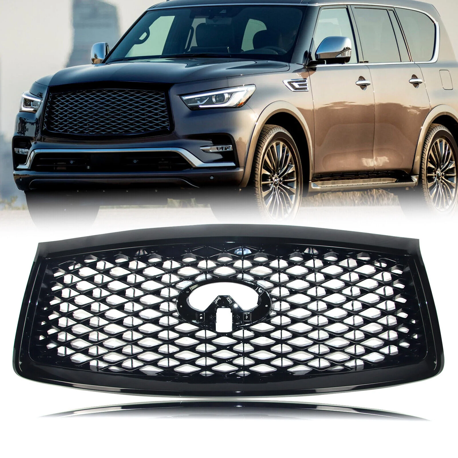 Gloss Black Front Grill for 2018-2021 INFINITI QX80 w/Camera Hole - Image 2