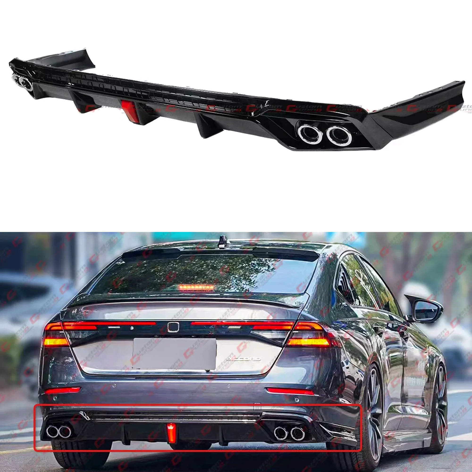 Gloss Black Rear Bumper Diffuser w/ LED Light Exhaust Tips fit for 2023-2026 Honda Accord