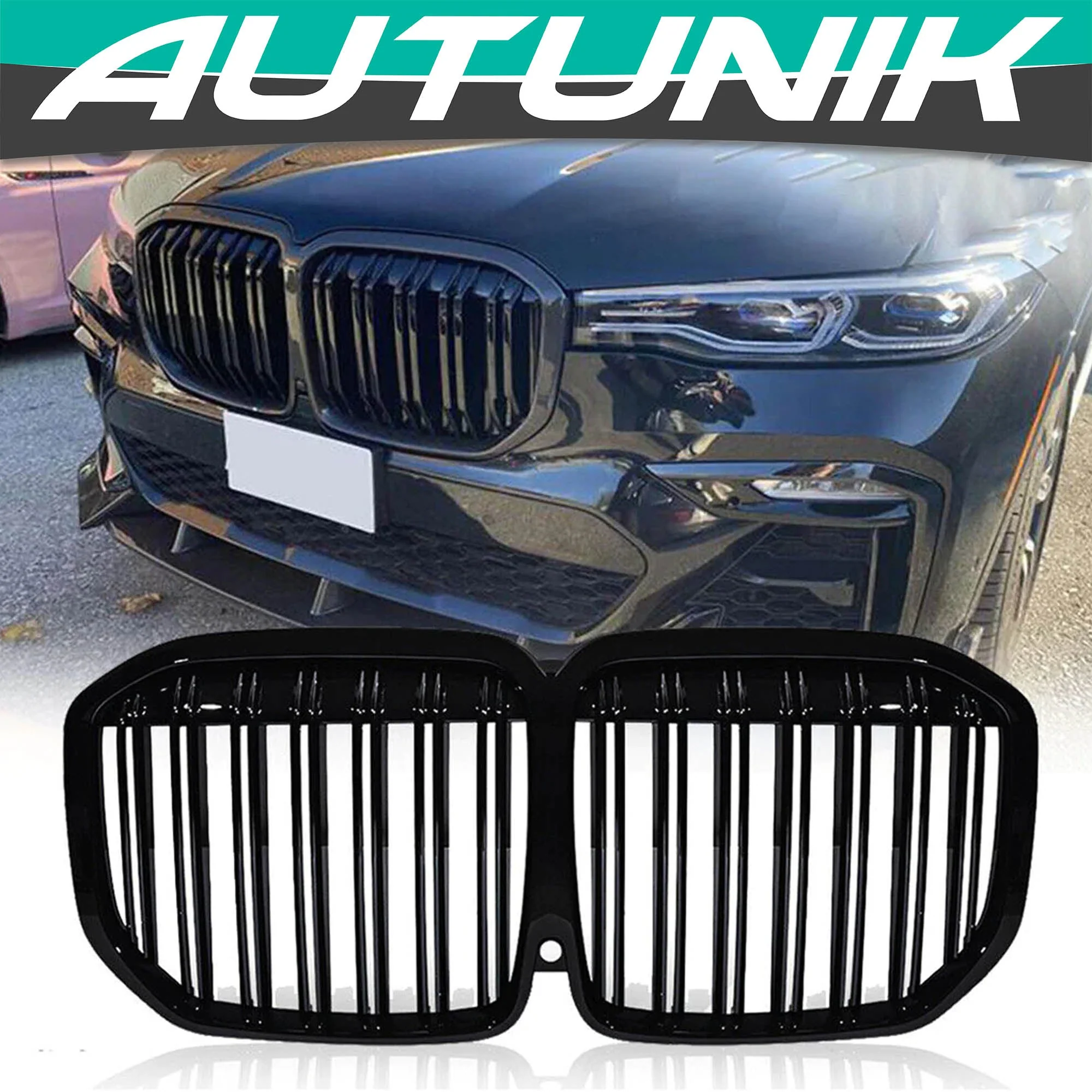 Front Bumper Grill Gloss Black Double Slat Grille Fit 2019-2022 BMW G07 X7 PRE-LCI