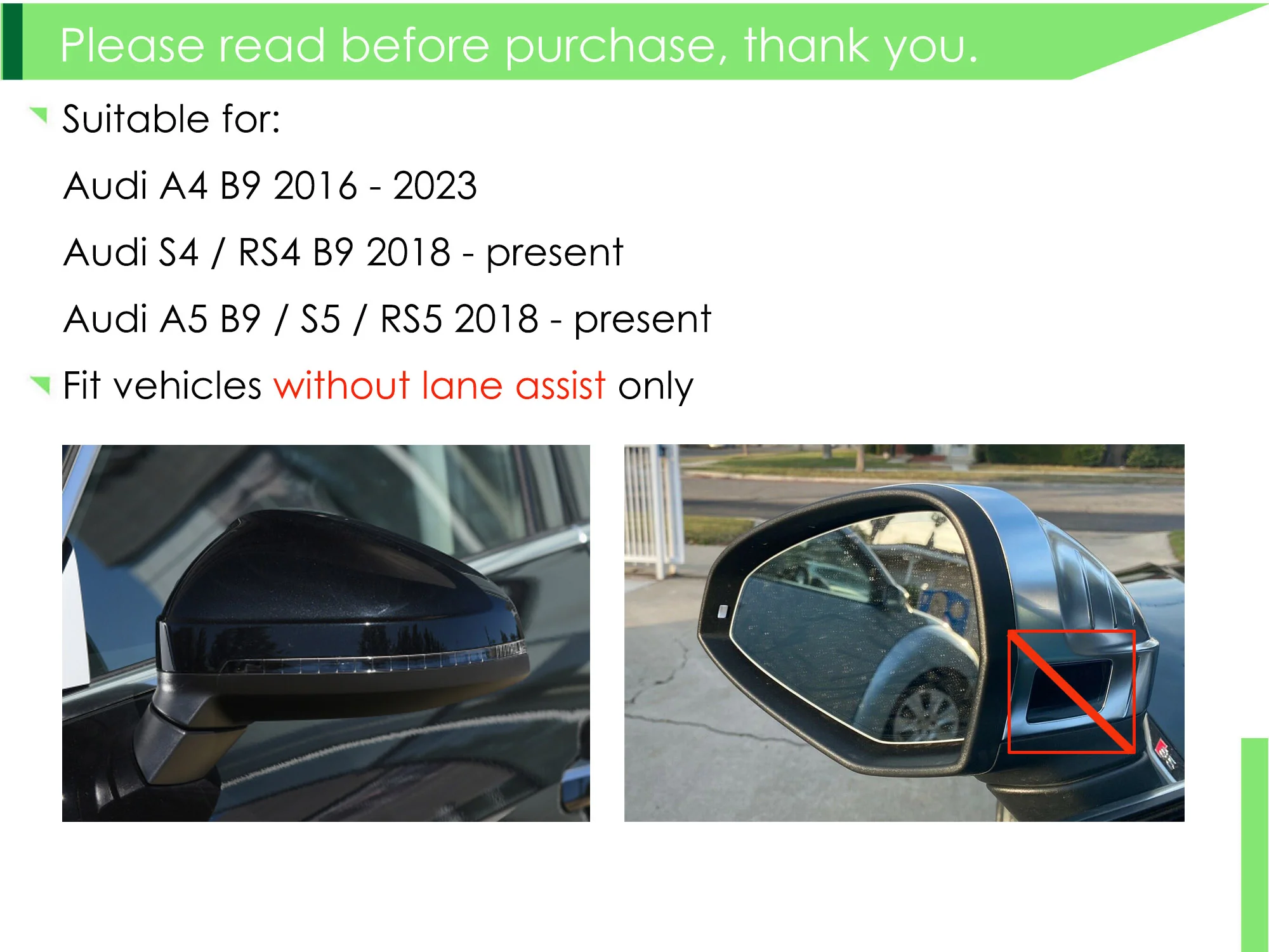 Gloss Black Side Mirror Cover Caps Replacement Fit Audi A4 A5 S4 S5 RS5 B9 2017-2025 Without Assist - Image 3
