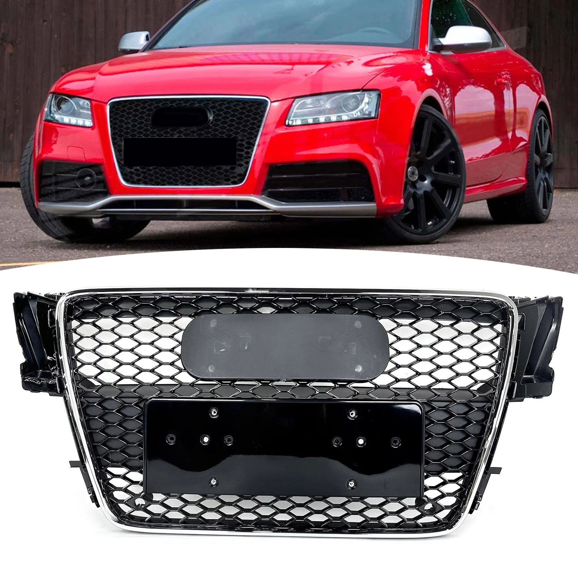 Honeycomb Front Bumper Grille for Audi A5 B8 S5 8T 2008-2012 ( Chrome Frame+Black Honeycomb)
