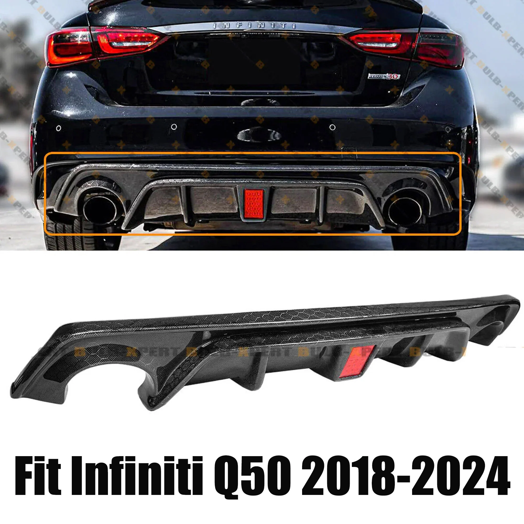 Real Carbon Fiber Honeycomb Rear Diffuser w/ LED Light for Infiniti Q50 2018 2019 2020 2021 2022 2023 2024 - Image 2