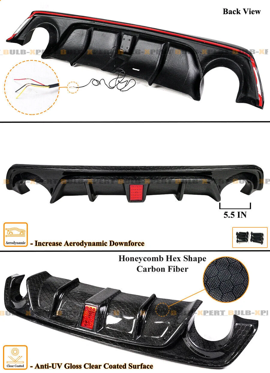 Real Carbon Fiber Honeycomb Rear Diffuser w/ LED Light for Infiniti Q50 2018 2019 2020 2021 2022 2023 2024 - Image 3