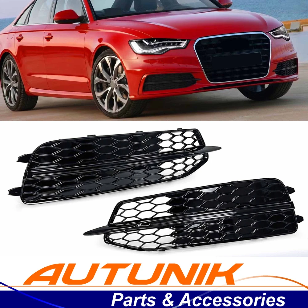 Pair For Audi A6 S-line S6 C7 2012-2015 Black Front Bumper Fog Light Lamp Cover Grille Grill