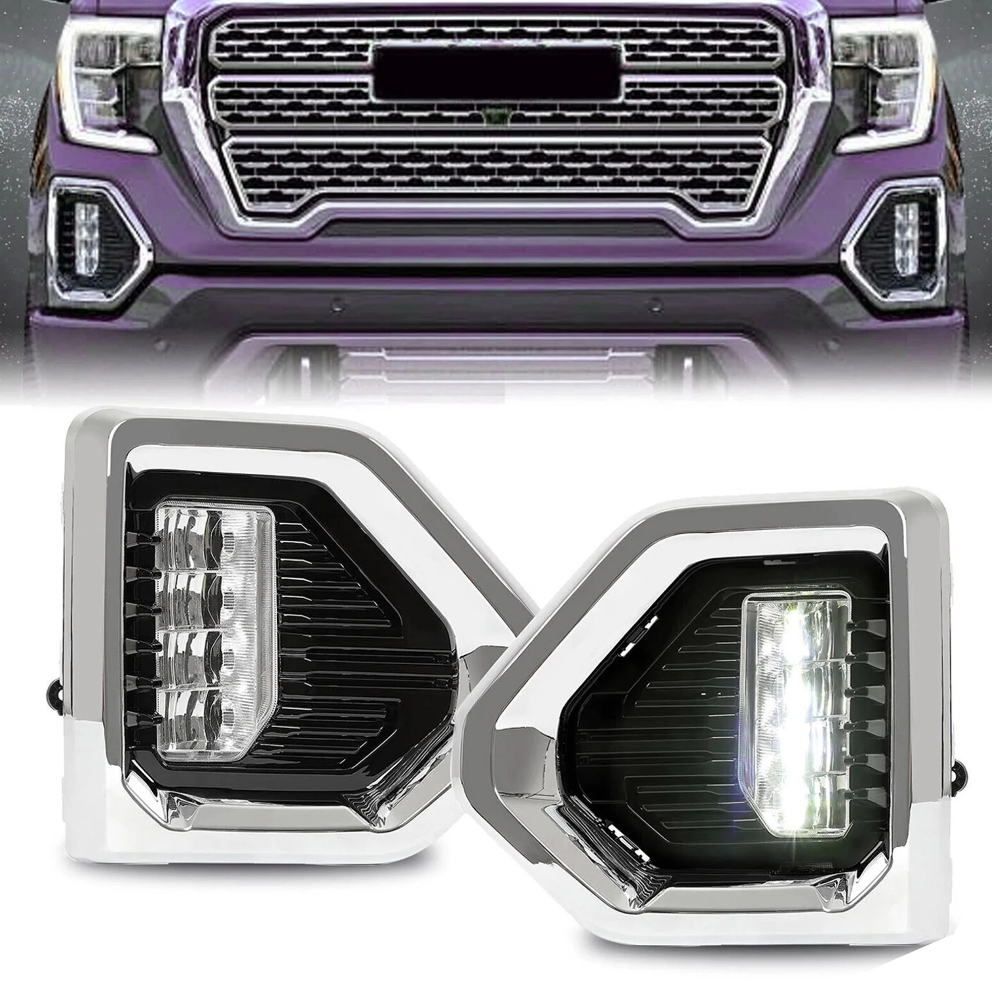 LED Fog Lights & Chrome Bezels Kit for 2019-2022 GMC Sierra 1500 Denali SLT AT4
