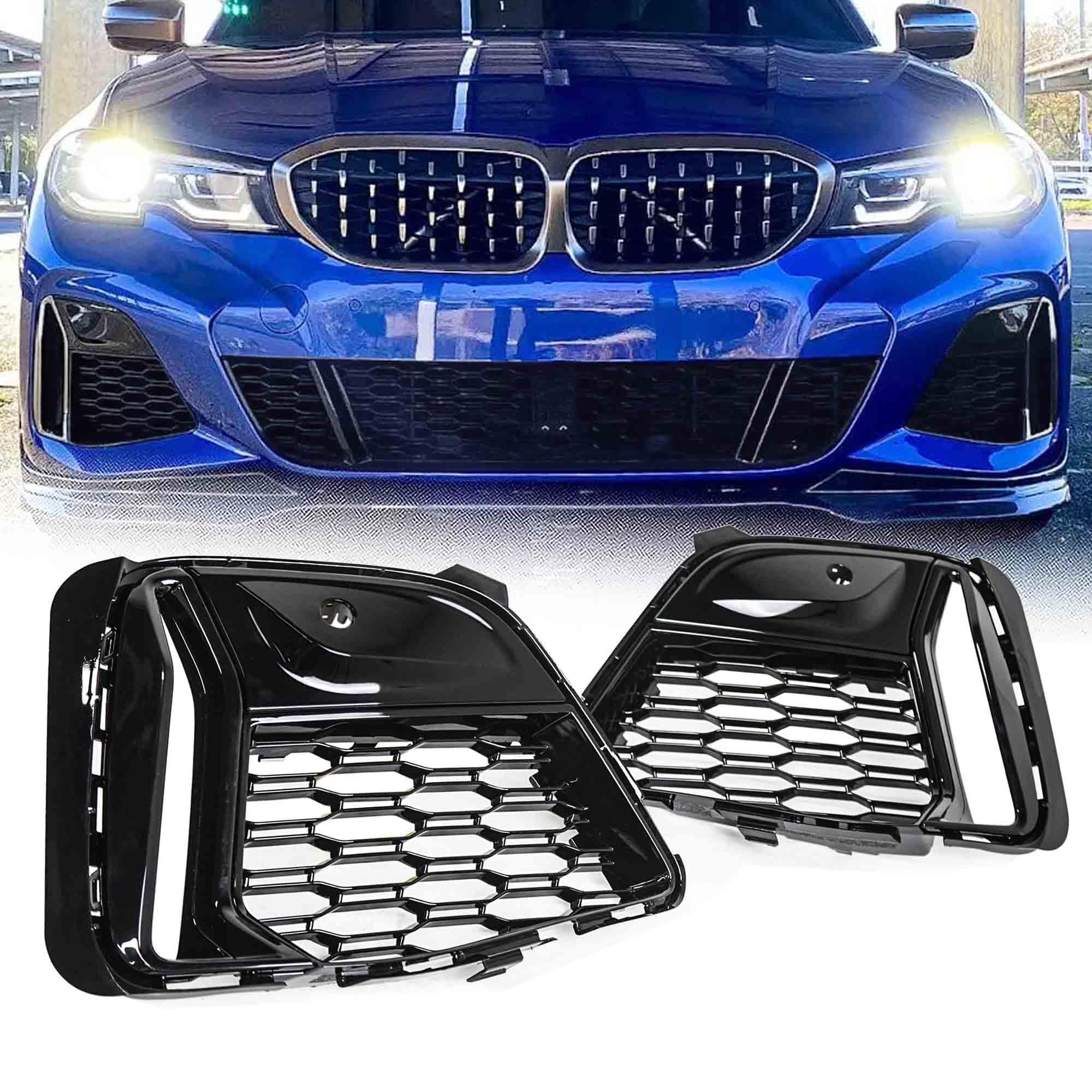 Left & Right Front Bumper Fog Light Grille Cover For BMW M340i G20 3 Series 2020–2022