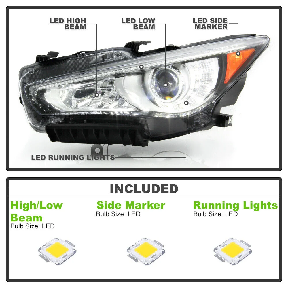 Left+Right Headlamps For 2014-2022 Infiniti Q50 w/o AFS LED DRL Projector Headlights Pair - Image 3