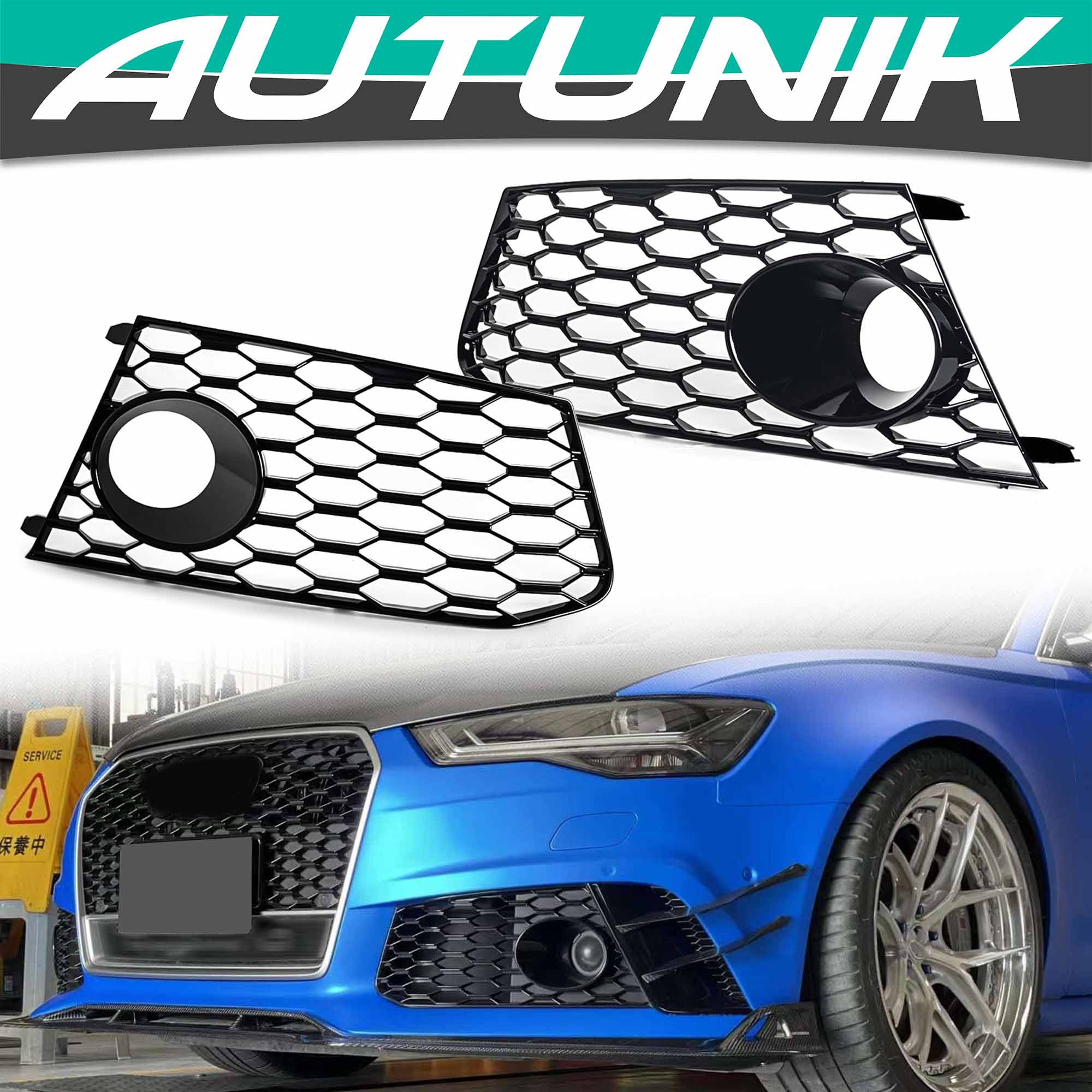 Left+Right Side Bumper Fog Light Lamps Frame Grille Cover For Audi RS6 2014-2018