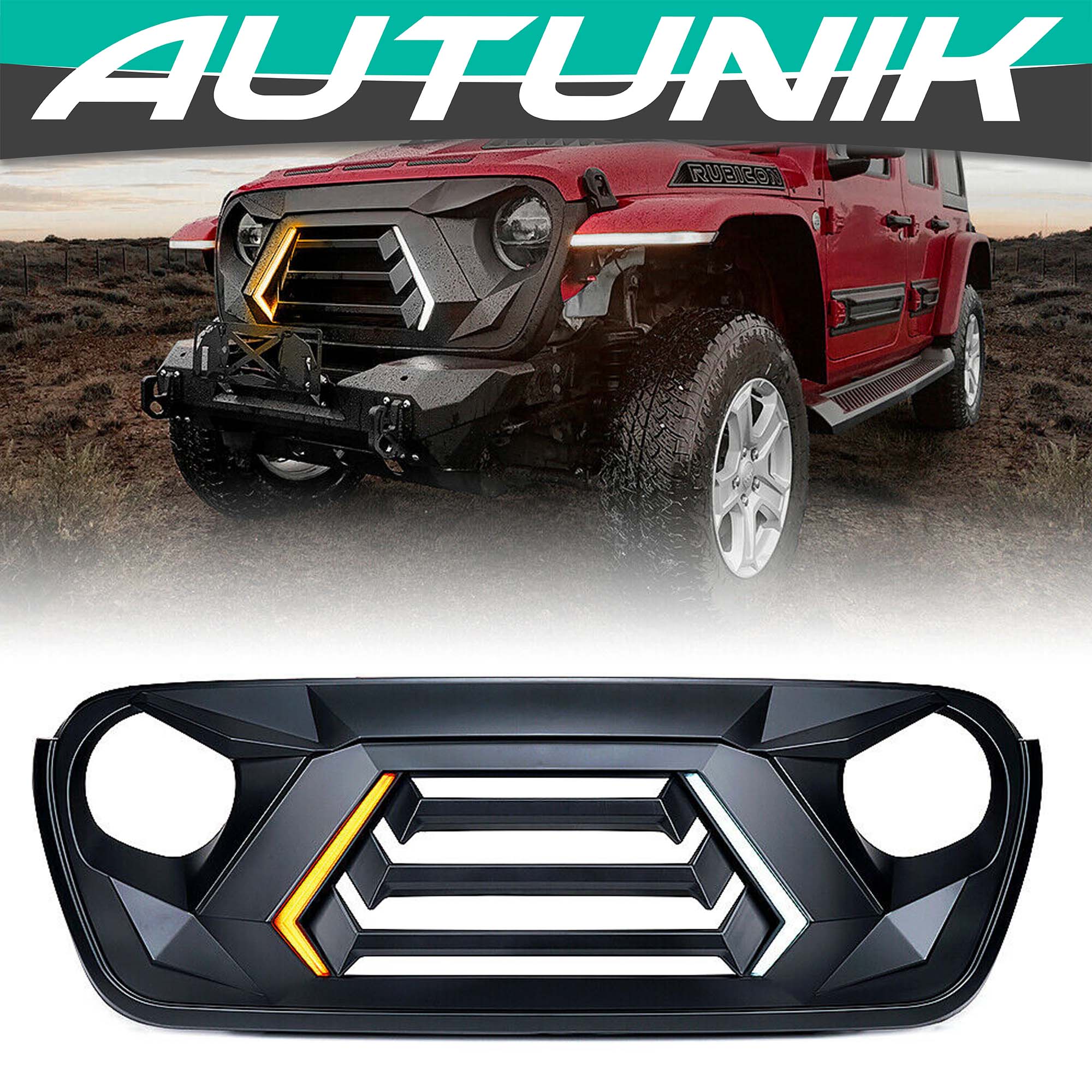 Matte Black Front Grill Grille LED Lights for Jeep Wrangler JL JT 2019-2023