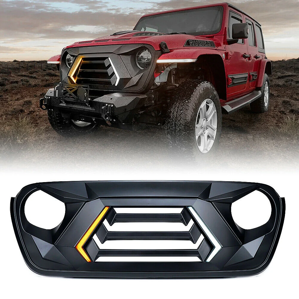 Matte Black Front Grill Grille LED Lights for Jeep Wrangler JL JT 2019-2023 - Image 2