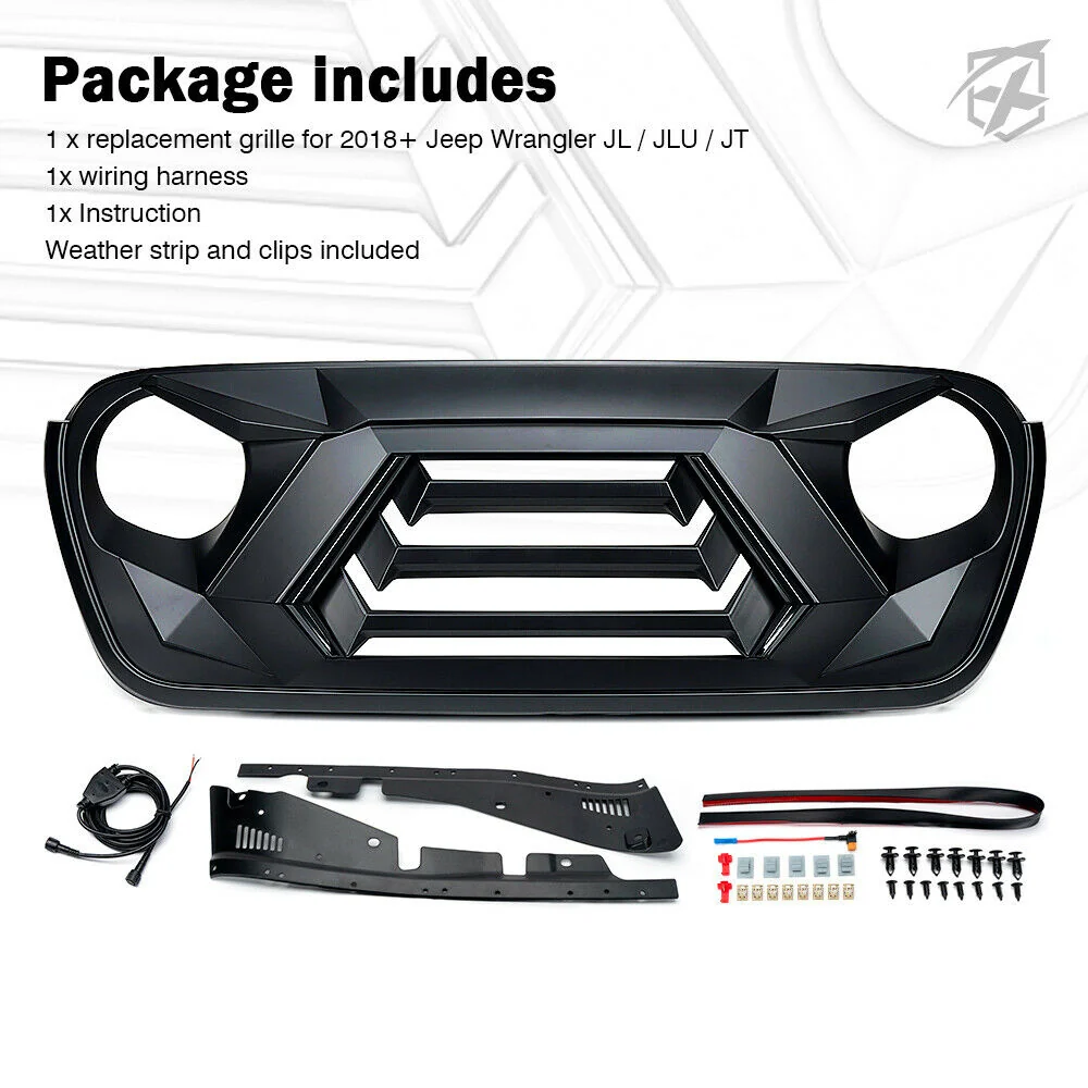 Matte Black Front Grill Grille LED Lights for Jeep Wrangler JL JT 2019-2023 - Image 8