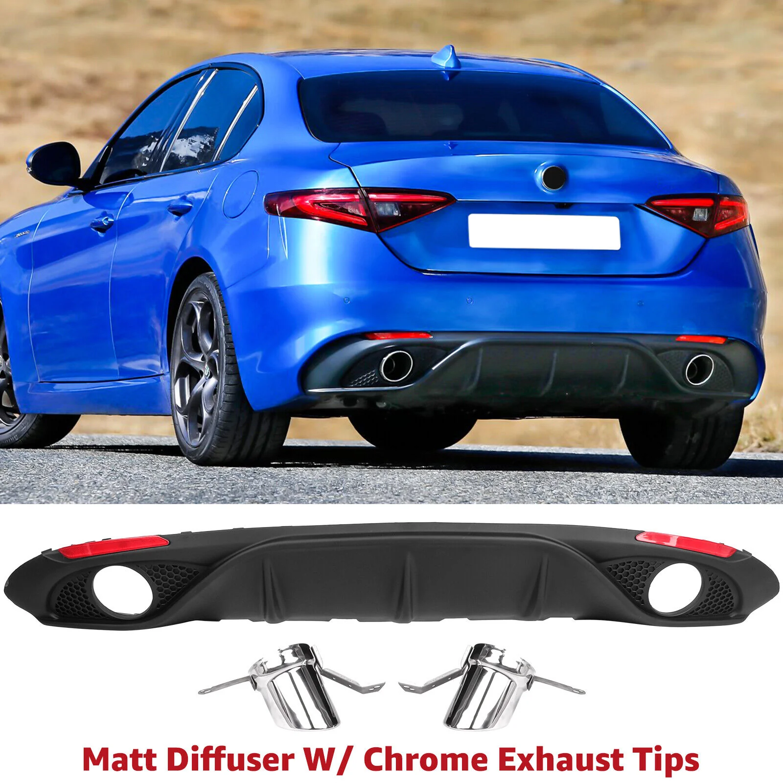 Matte Black Rear Diffuser W/ Chrome Exhaust Tips For Alfa Romeo Giulia Base Sedan 2016-2024 - Image 2