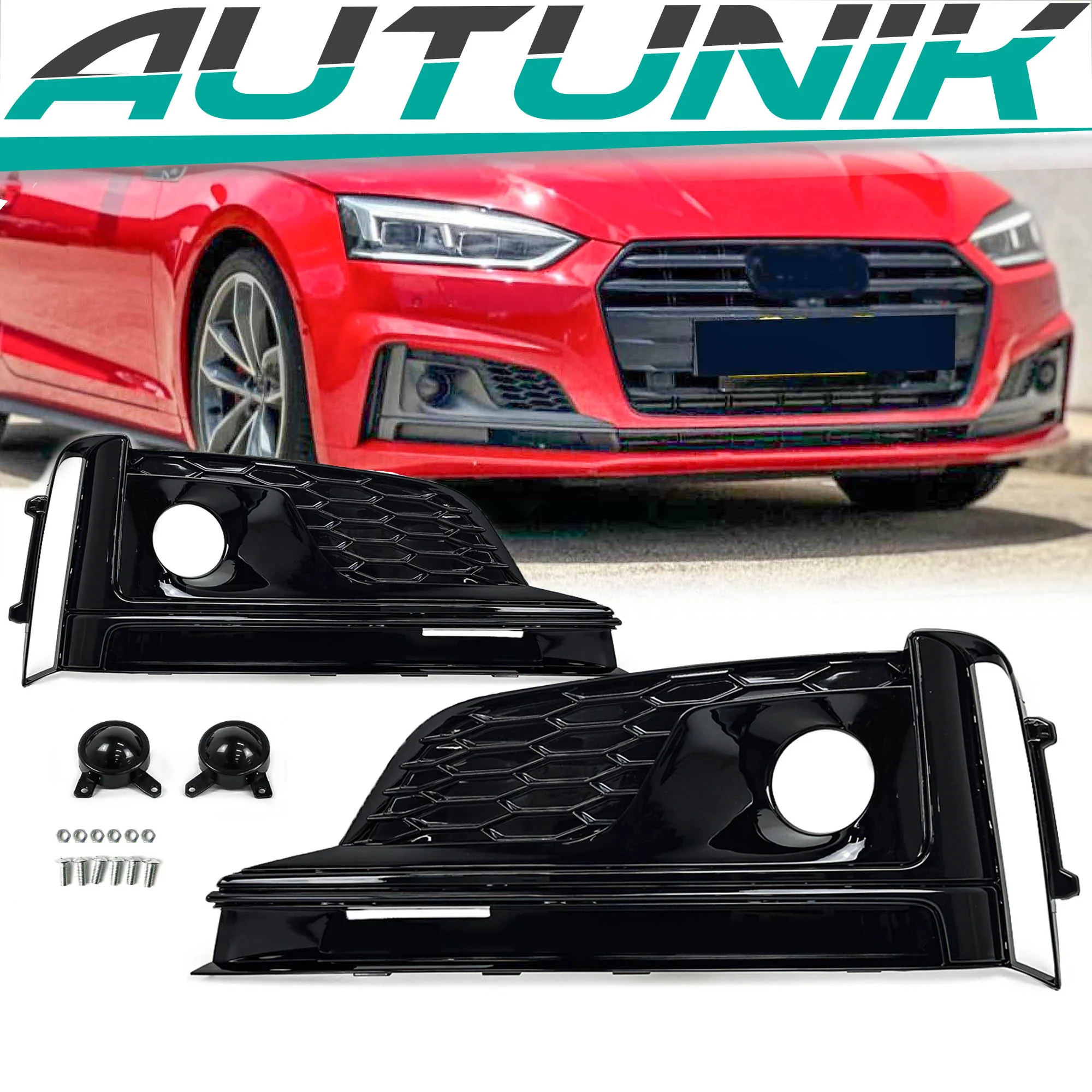 Pair For 2018-2019 Audi A5 S-line S5 B9 Fog Light Grille Trim w/ ACC Caps Black