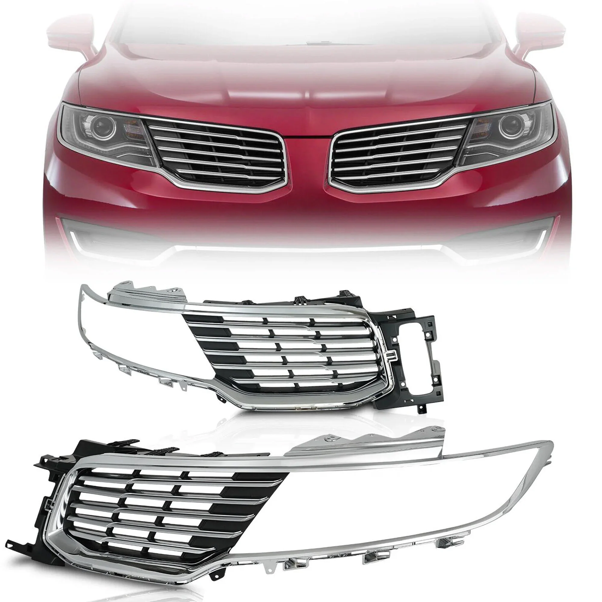 Pair Front Upper Grille Grill Assembly Chrome Pair For Lincoln MKX 2016-2018