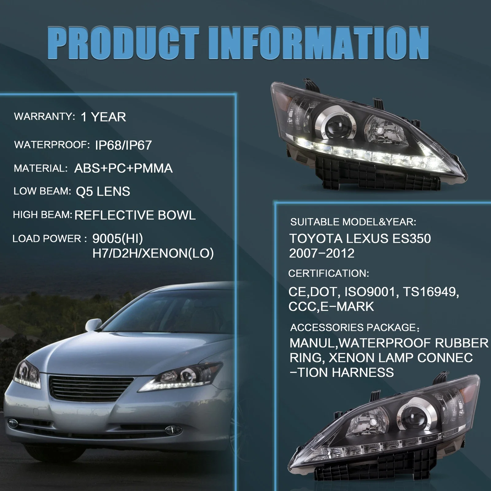 Pair Halogen Headlights Left+Right For 2010–2012 Lexus ES350 Front Lamps Assembly - Image 3