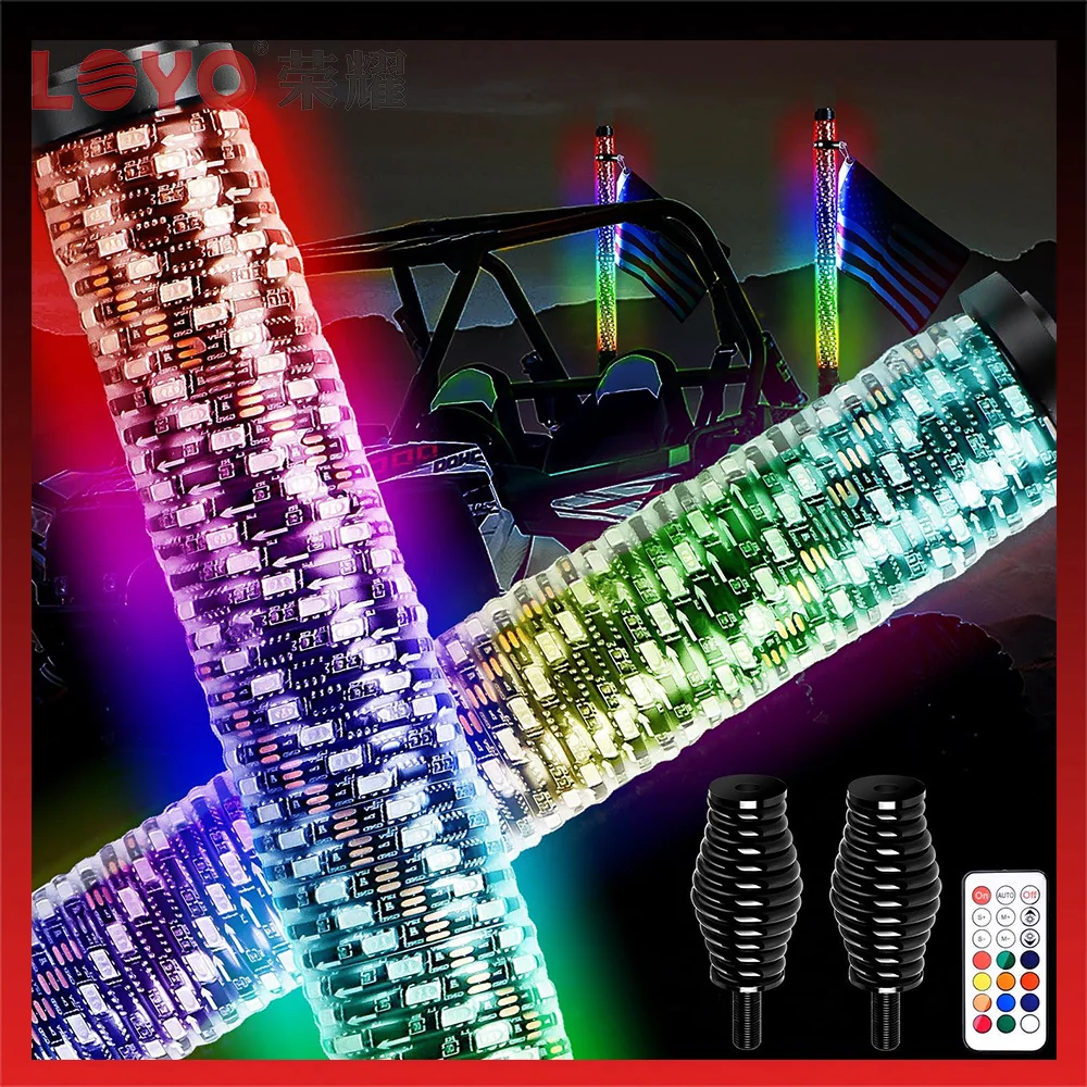 Pair Spiral LED Fat Whip Light Antenna RGB Chasing For Can-am X3 RZR UTV ATV 2FT - Image 2