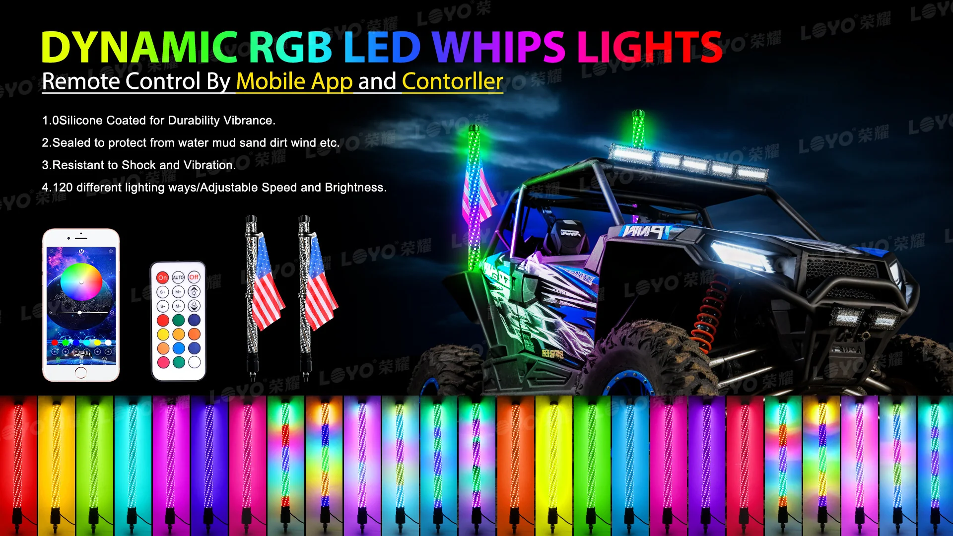 Pair Spiral LED Fat Whip Light Antenna RGB Chasing For Can-am X3 RZR UTV ATV 2FT - Image 7