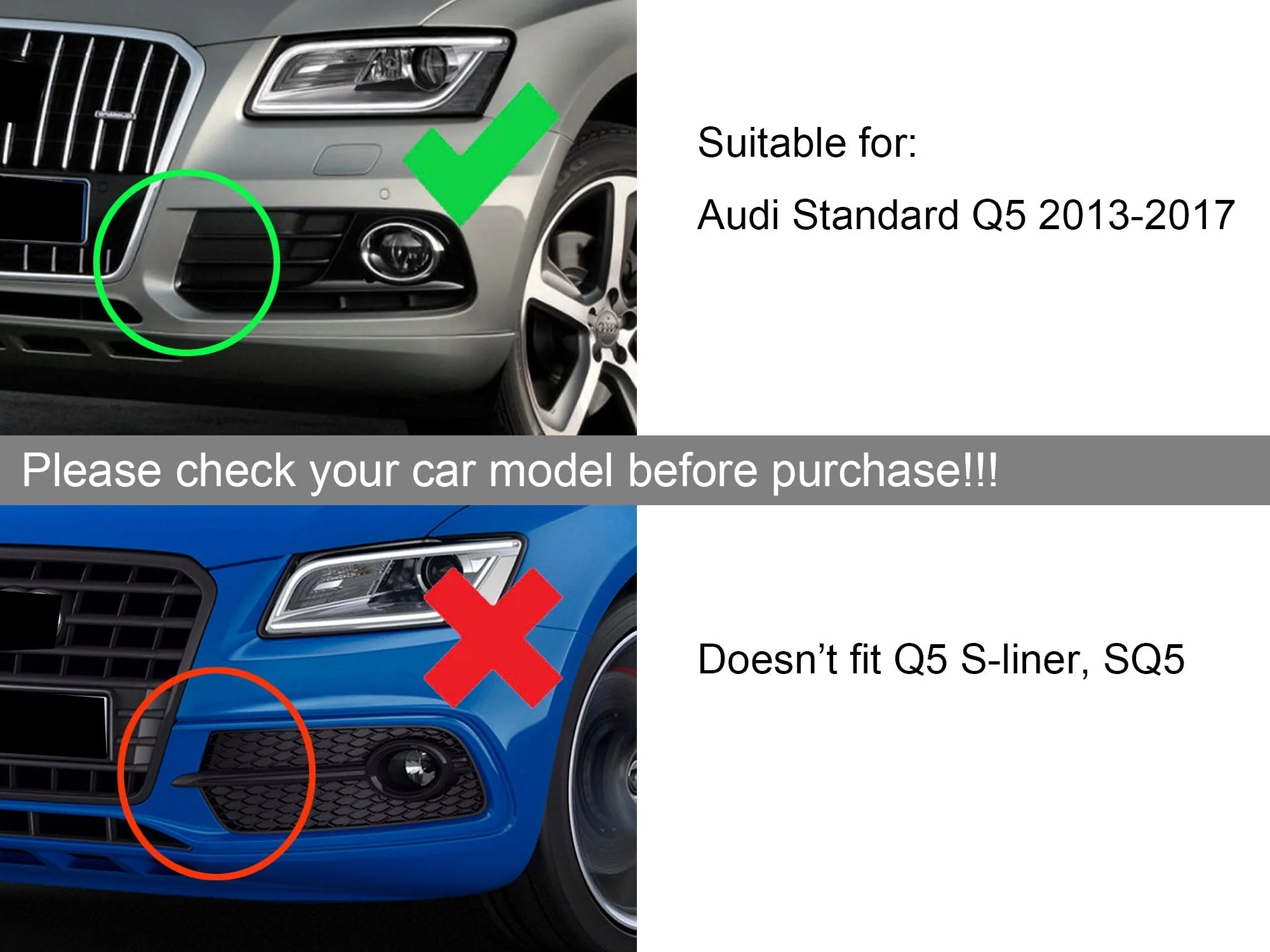 Fit For 2013-2017 AUDI Q5 NON S-Line Front Bumper Fog Light Grill Grille L+R Gloss Black - Image 3