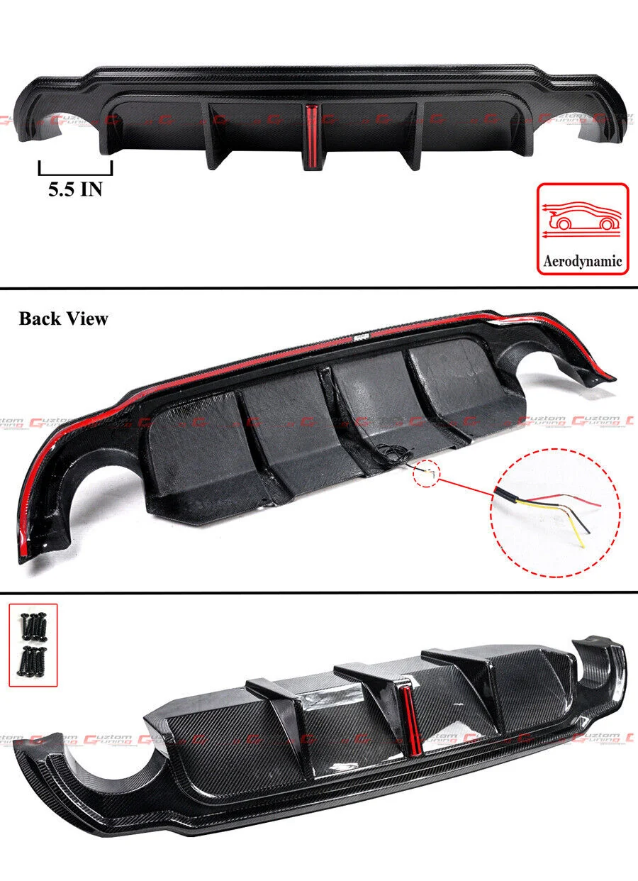Real Carbon Fiber Rear Bumper Diffuser + LED Brake Light For Infiniti Q50 2014 2015 2016 2017 - Image 2