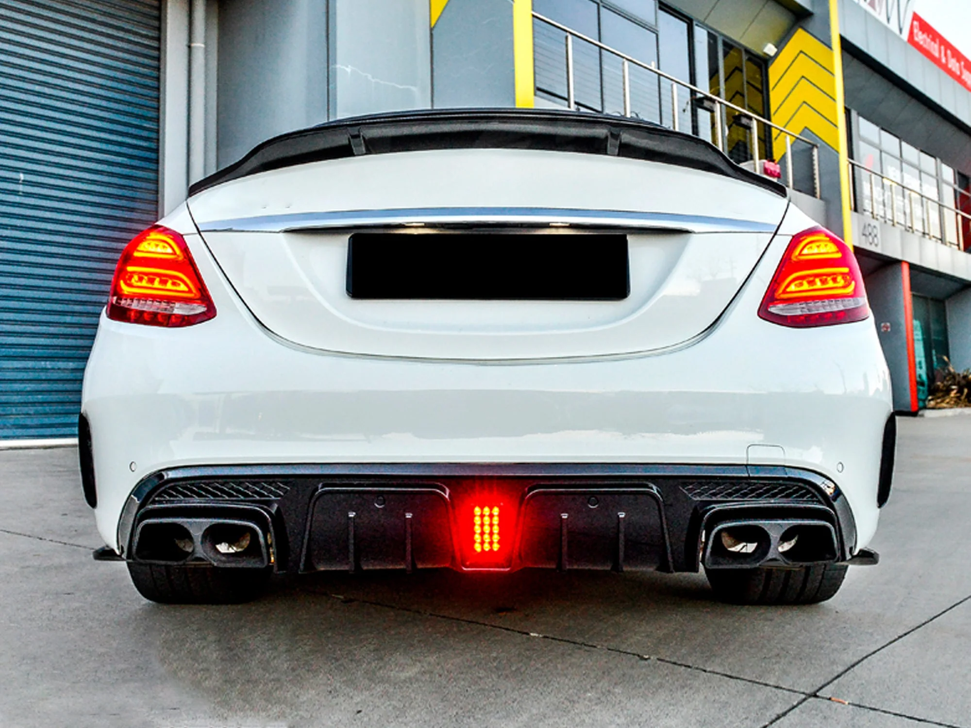 Black Rear Diffuser w/ LED + Black Exhaust Tips For 15-21 Mercedes W205 Sedan C300 C450 C43 AMG - Image 2